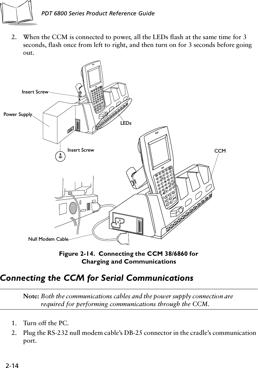 2-14PDT 6800 Series Product Reference Guide2. When the CCM is connected to power, all the LEDs flash at the same time for 3 seconds, flash once from left to right, and then turn on for 3 seconds before going out. Figure 2-14.  Connecting the CCM 38/6860 for Charging and CommunicationsConnecting the CCM for Serial CommunicationsNote: Both the communications cables and the power supply connection are required for performing communications through the CCM.1. Turn off the PC.2. Plug the RS-232 null modem cable’s DB-25 connector in the cradle’s communication port.+-+-Power SupplyInsert ScrewInsert ScrewLEDsCCMNull Modem Cable