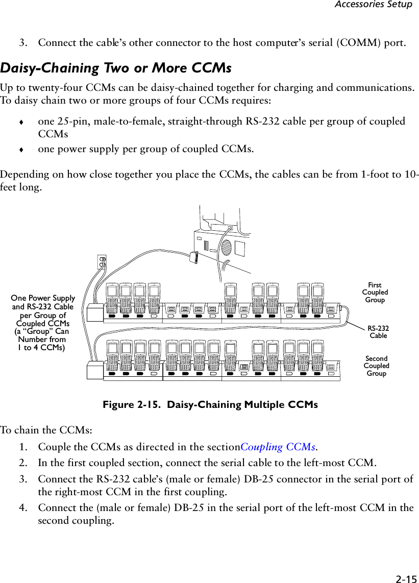 2-15Accessories Setup3. Connect the cable’s other connector to the host computer’s serial (COMM) port.Daisy-Chaining Two or More CCMsUp to twenty-four CCMs can be daisy-chained together for charging and communications. To daisy chain two or more groups of four CCMs requires:!one 25-pin, male-to-female, straight-through RS-232 cable per group of coupled CCMs!one power supply per group of coupled CCMs.Depending on how close together you place the CCMs, the cables can be from 1-foot to 10-feet long. Figure 2-15.  Daisy-Chaining Multiple CCMsTo chain the CCMs:1. Couple the CCMs as directed in the section Coupling CCMs. 2. In the first coupled section, connect the serial cable to the left-most CCM. 3. Connect the RS-232 cable’s (male or female) DB-25 connector in the serial port of the right-most CCM in the first coupling.4. Connect the (male or female) DB-25 in the serial port of the left-most CCM in the second coupling. One Power Supplyand RS-232 Cableper Group ofCoupled CCMsFirstCoupledGroupSecondCoupledGroupRS-232Cable(a “Group” Can Number from1 to 4 CCMs)