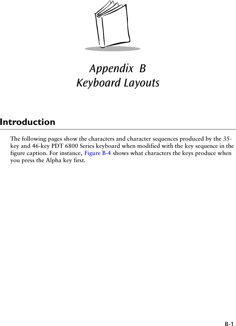B-1Appendix  BKeyboard LayoutsIntroductionThe following pages show the characters and character sequences produced by the 35-key and 46-key PDT 6800 Series keyboard when modified with the key sequence in the figure caption. For instance, Figure B-4 shows what characters the keys produce when you press the Alpha key first.