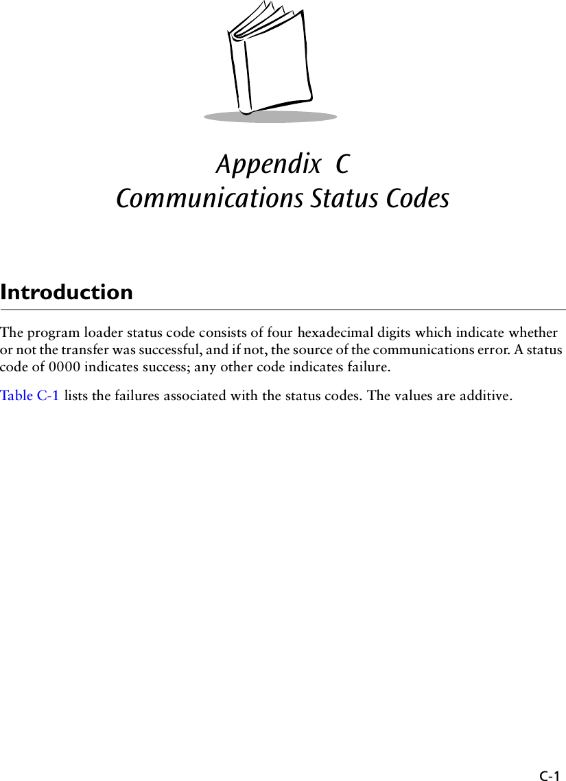 C-1Appendix  CCommunications Status CodesIntroductionThe program loader status code consists of four hexadecimal digits which indicate whether or not the transfer was successful, and if not, the source of the communications error. A status code of 0000 indicates success; any other code indicates failure. Tab l e C- 1  lists the failures associated with the status codes. The values are additive.