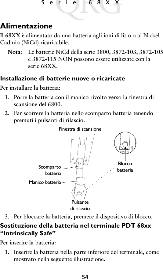 54Serie 68XX AlimentazioneIl 68XX è alimentato da una batteria agli ioni di litio o al Nickel Cadmio (NiCd) ricaricabile. Nota:  Le batterie NiCd della serie 3800, 3872-103, 3872-105 e 3872-115 NON possono essere utilizzate con la serie 68XX.Installazione di batterie nuove o ricaricatePer installare la batteria:1. Porre la batteria con il manico rivolto verso la finestra di scansione del 6800. 2. Far scorrere la batteria nello scomparto batteria tenendo premuti i pulsanti di rilascio.3. Per bloccare la batteria, premere il dispositivo di blocco.Sostituzione della batteria nel terminale PDT 68xx “Intrinsically Safe”Per inserire la batteria:1. Inserire la batteria nella parte inferiore del terminale, come mostrato nella seguente illustrazione. BloccobatteriaScompartobatteriaManico batteriaPulsantedi rilascioFinestra di scansione