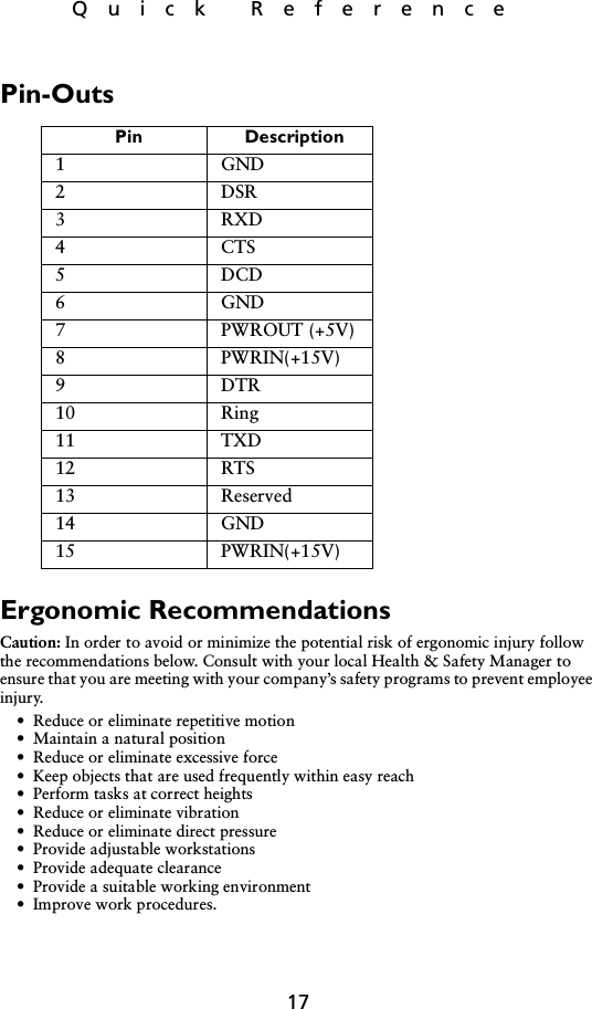 17Quick ReferencePin-OutsErgonomic RecommendationsCaution: In order to avoid or minimize the potential risk of ergonomic injury follow the recommendations below. Consult with your local Health &amp; Safety Manager to ensure that you are meeting with your company’s safety programs to prevent employee injury.• Reduce or eliminate repetitive motion• Maintain a natural position• Reduce or eliminate excessive force• Keep objects that are used frequently within easy reach• Perform tasks at correct heights• Reduce or eliminate vibration• Reduce or eliminate direct pressure• Provide adjustable workstations• Provide adequate clearance• Provide a suitable working environment• Improve work procedures.Pin Description1GND2DSR3RXD4CTS5DCD6GND7PWROUT (+5V)8PWRIN(+15V)9DTR10 Ring11 TXD12 RTS13 Reserved14 GND15 PWRIN(+15V)