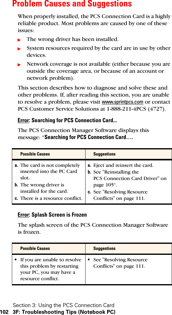 Section 3: Using the PCS Connection Card102 3F: Troubleshooting Tips (Notebook PC)Problem Causes and SuggestionsWhen properly installed, the PCS Connection Card is a highly reliable product. Most problems are caused by one of these issues:ᮣThe wrong driver has been installed.ᮣSystem resources required by the card are in use by other devices.ᮣNetwork coverage is not available (either because you are outside the coverage area, or because of an account or network problem).This section describes how to diagnose and solve these and other problems. If, after reading this section, you are unable to resolve a problem, please visit www.sprintpcs.com or contact PCS Customer Service Solutions at 1-888-211-4PCS (4727).Error: Searching for PCS Connection Card...The PCS Connection Manager Software displays this message: “Searching for PCS Connection Card….Error: Splash Screen is FrozenThe splash screen of the PCS Connection Manager Software is frozen.Possible Causes Suggestionsa. The card is not completely inserted into the PC Card slot.b. The wrong driver is installed for the card.c. There is a resource conflict.a. Eject and reinsert the card.b. See &quot;Reinstalling the PCS Connection Card Driver&quot; on page 105“.c. See &quot;Resolving Resource Conflicts&quot; on page 111.Possible Causes Suggestions•If you are unable to resolve this problem by restarting your PC, you may have a resource conflict.•See &quot;Resolving Resource Conflicts&quot; on page 111.