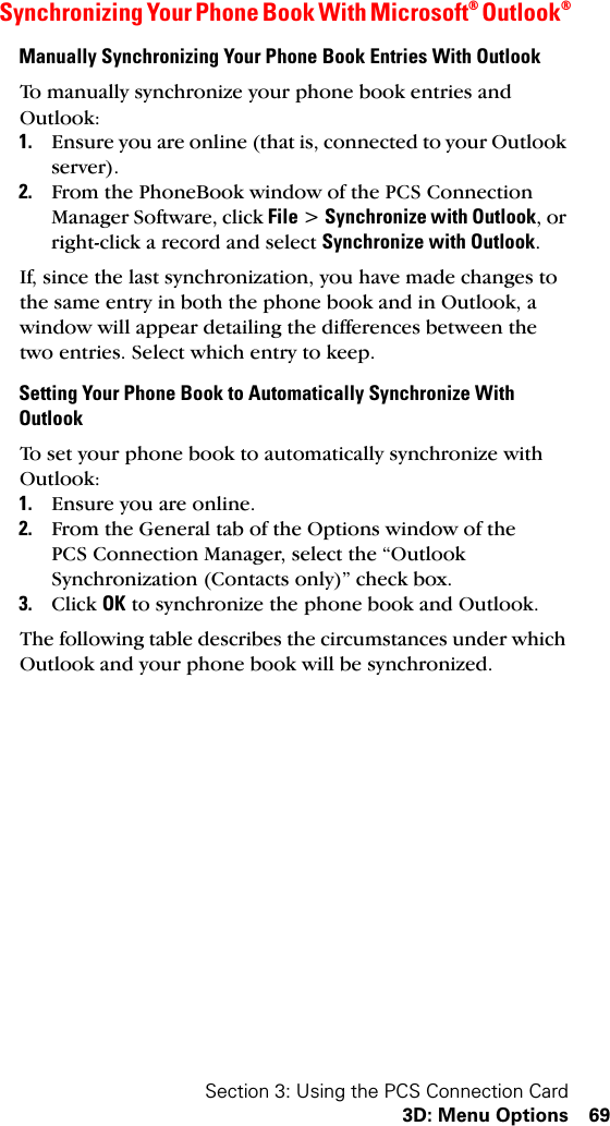 Section 3: Using the PCS Connection Card3D: Menu Options 69Synchronizing Your Phone Book With Microsoft® Outlook®Manually Synchronizing Your Phone Book Entries With OutlookTo manually synchronize your phone book entries and Outlook:1. Ensure you are online (that is, connected to your Outlook server).2. From the PhoneBook window of the PCS Connection Manager Software, click File &gt; Synchronize with Outlook, or right-click a record and select Synchronize with Outlook.If, since the last synchronization, you have made changes to the same entry in both the phone book and in Outlook, a window will appear detailing the differences between the two entries. Select which entry to keep.Setting Your Phone Book to Automatically Synchronize With OutlookTo set your phone book to automatically synchronize with Outlook:1. Ensure you are online.2. From the General tab of the Options window of the PCS Connection Manager, select the “Outlook Synchronization (Contacts only)” check box.3. Click OK to synchronize the phone book and Outlook.The following table describes the circumstances under which Outlook and your phone book will be synchronized. 