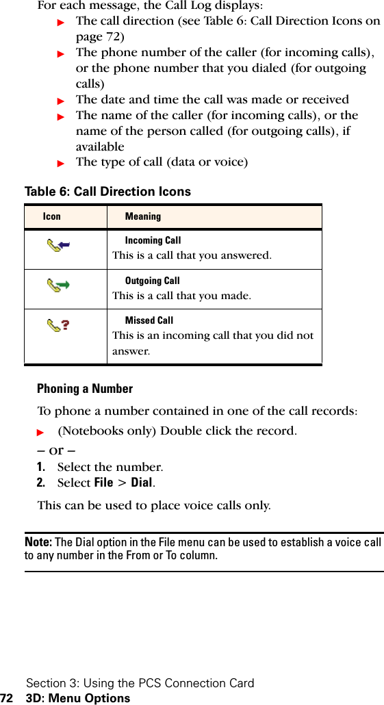 Section 3: Using the PCS Connection Card72 3D: Menu OptionsFor each message, the Call Log displays:ᮣThe call direction (see Table 6: Call Direction Icons on page 72)ᮣThe phone number of the caller (for incoming calls), or the phone number that you dialed (for outgoing calls)ᮣThe date and time the call was made or receivedᮣThe name of the caller (for incoming calls), or the name of the person called (for outgoing calls), if availableᮣThe type of call (data or voice)Phoning a NumberTo phone a number contained in one of the call records:ᮣ(Notebooks only) Double click the record.– or –1. Select the number.2. Select File &gt; Dial.This can be used to place voice calls only.Note: The Dial option in the File menu can be used to establish a voice call to any number in the From or To column.Table 6: Call Direction IconsIcon MeaningIncoming CallThis is a call that you answered. Outgoing CallThis is a call that you made.Missed CallThis is an incoming call that you did not answer.