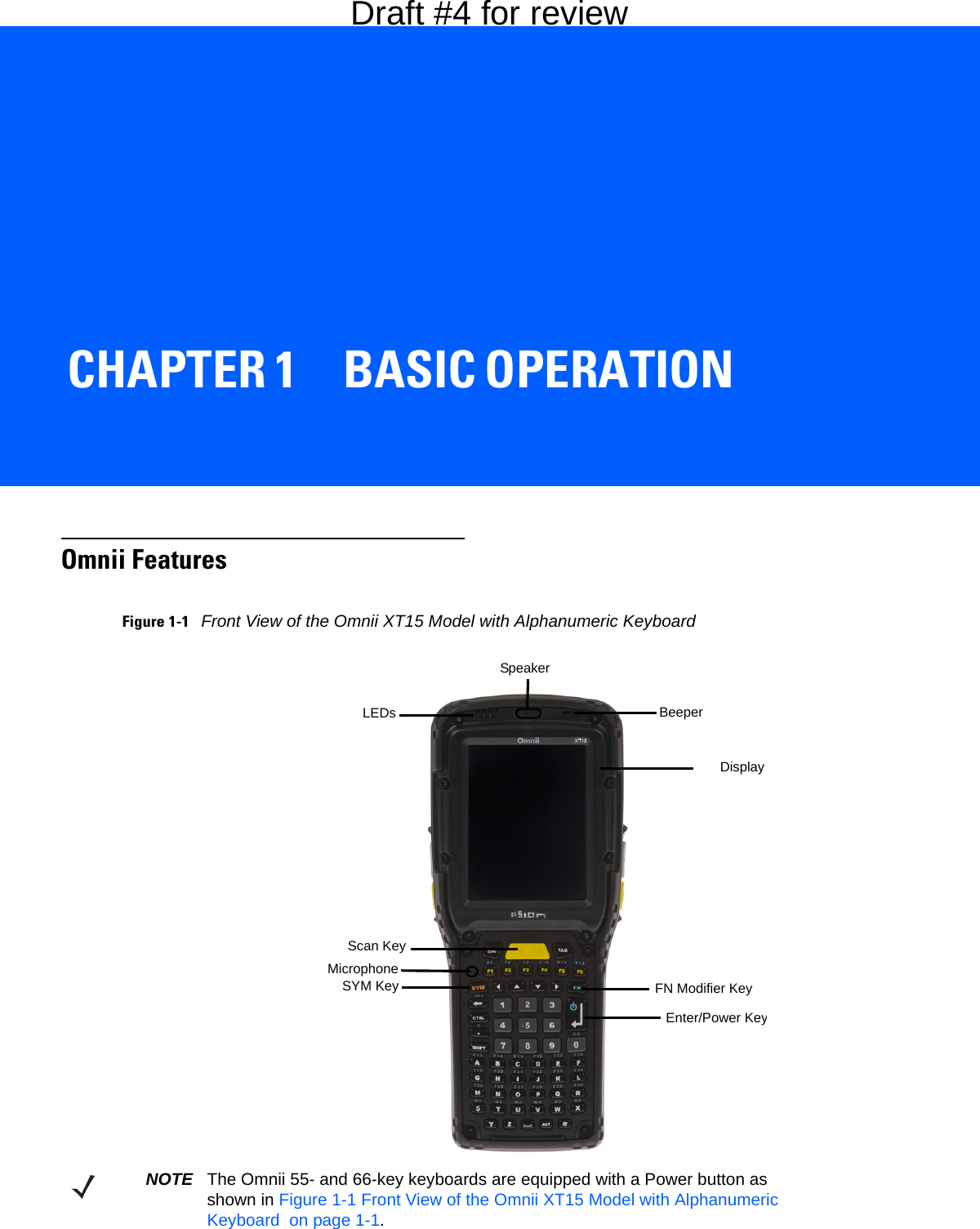 CHAPTER 1 BASIC OPERATIONBASIC OPERATION 1Omnii FeaturesFigure 1-1Front View of the Omnii XT15 Model with Alphanumeric KeyboardDisplayLEDsEnter/Power KeyFN Modifier KeySYM KeyScan KeyMicrophoneSpeakerBeeperNOTE The Omnii 55- and 66-key keyboards are equipped with a Power button as shown in Figure 1-1 Front View of the Omnii XT15 Model with Alphanumeric Keyboard  on page 1-1.Draft #4 for review