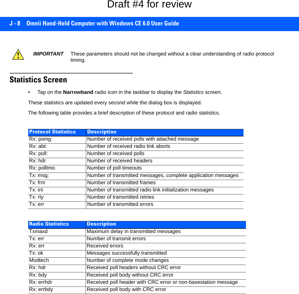 J - 8 Omnii Hand-Held Computer with Windows CE 6.0 User GuideStatistics Screen• Tap on the Narrowband radio icon in the taskbar to display the Statistics screen.These statistics are updated every second while the dialog box is displayed.The following table provides a brief description of these protocol and radio statistics.IMPORTANT These parameters should not be changed without a clear understanding of radio protocol timing.Protocol Statistics DescriptionRx: psmg: Number of received polls with attached messageRx: abt: Number of received radio link abortsRx: poll: Number of received pollsRx: hdr Number of received headersRx: polltmo Number of poll timeoutsTx: msg: Number of transmitted messages, complete application messagesTx: frm Number of transmitted framesTx: ini Number of transmitted radio link initialization messagesTx: rty Number of transmitted retriesTx: err Number of transmitted errorsRadio Statistics DescriptionTxmaxd Maximum delay in transmitted messagesTx: err  Number of transmit errorsRx: err Received errorsTx: ok Messages successfully transmittedModtech Number of complete mode changesRx: hdr Received poll headers without CRC errorRx: bdy Received poll body without CRC errorRx: errhdr Received poll header with CRC error or non-basestation messageRx: errbdy Received poll body with CRC errorDraft #4 for review