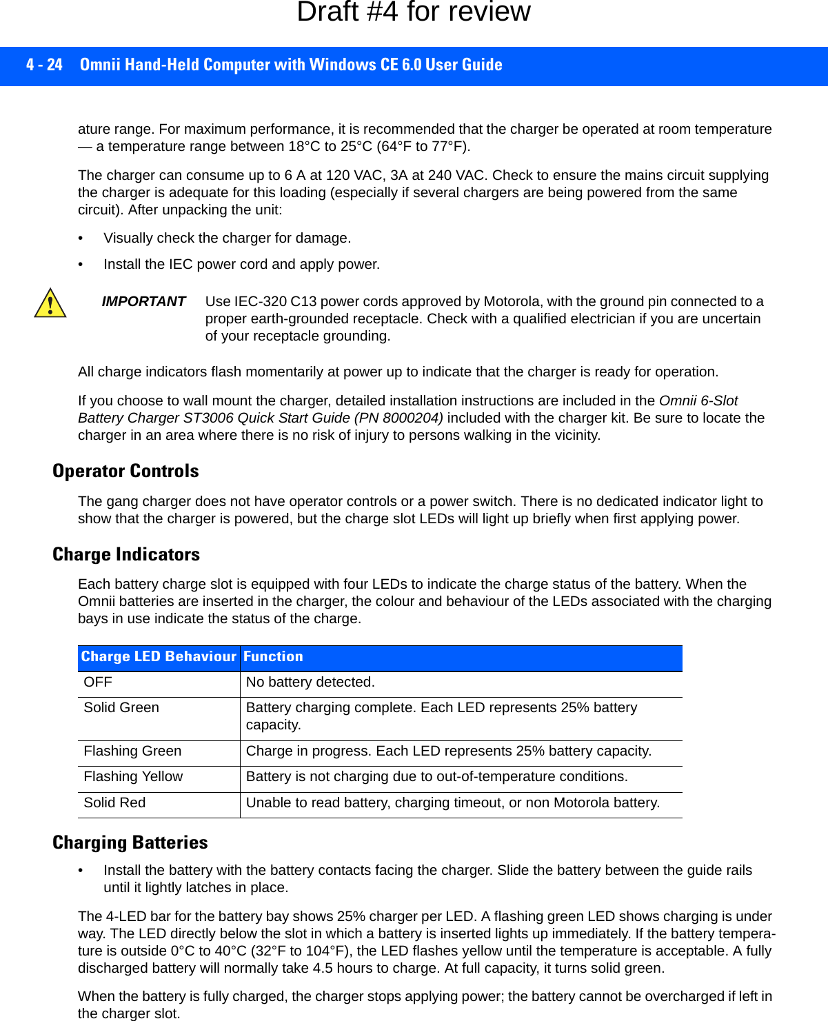 4 - 24 Omnii Hand-Held Computer with Windows CE 6.0 User Guideature range. For maximum performance, it is recommended that the charger be operated at room temperature — a temperature range between 18°C to 25°C (64°F to 77°F).The charger can consume up to 6 A at 120 VAC, 3A at 240 VAC. Check to ensure the mains circuit supplying the charger is adequate for this loading (especially if several chargers are being powered from the same circuit). After unpacking the unit:• Visually check the charger for damage. • Install the IEC power cord and apply power. All charge indicators flash momentarily at power up to indicate that the charger is ready for operation.If you choose to wall mount the charger, detailed installation instructions are included in the Omnii 6-Slot Battery Charger ST3006 Quick Start Guide (PN 8000204) included with the charger kit. Be sure to locate the charger in an area where there is no risk of injury to persons walking in the vicinity.Operator ControlsThe gang charger does not have operator controls or a power switch. There is no dedicated indicator light to show that the charger is powered, but the charge slot LEDs will light up briefly when first applying power.Charge IndicatorsEach battery charge slot is equipped with four LEDs to indicate the charge status of the battery. When the Omnii batteries are inserted in the charger, the colour and behaviour of the LEDs associated with the charging bays in use indicate the status of the charge.Charging Batteries• Install the battery with the battery contacts facing the charger. Slide the battery between the guide rails until it lightly latches in place. The 4-LED bar for the battery bay shows 25% charger per LED. A flashing green LED shows charging is under way. The LED directly below the slot in which a battery is inserted lights up immediately. If the battery tempera-ture is outside 0°C to 40°C (32°F to 104°F), the LED flashes yellow until the temperature is acceptable. A fully discharged battery will normally take 4.5 hours to charge. At full capacity, it turns solid green.When the battery is fully charged, the charger stops applying power; the battery cannot be overcharged if left in the charger slot. IMPORTANT Use IEC-320 C13 power cords approved by Motorola, with the ground pin connected to a proper earth-grounded receptacle. Check with a qualified electrician if you are uncertain of your receptacle grounding.Charge LED Behaviour FunctionOFF No battery detected.Solid Green Battery charging complete. Each LED represents 25% battery capacity.Flashing Green Charge in progress. Each LED represents 25% battery capacity.Flashing Yellow Battery is not charging due to out-of-temperature conditions.Solid Red Unable to read battery, charging timeout, or non Motorola battery.Draft #4 for review