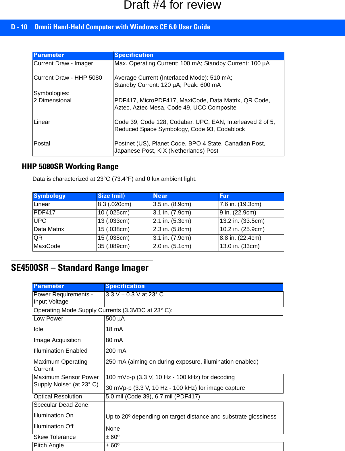 D - 10 Omnii Hand-Held Computer with Windows CE 6.0 User GuideHHP 5080SR Working RangeData is characterized at 23°C (73.4°F) and 0 lux ambient light.SE4500SR – Standard Range ImagerCurrent Draw - ImagerCurrent Draw - HHP 5080Max. Operating Current: 100 mA; Standby Current: 100 µAAverage Current (Interlaced Mode): 510 mA; Standby Current: 120 µA; Peak: 600 mASymbologies:2 DimensionalLinearPostalPDF417, MicroPDF417, MaxiCode, Data Matrix, QR Code, Aztec, Aztec Mesa, Code 49, UCC CompositeCode 39, Code 128, Codabar, UPC, EAN, Interleaved 2 of 5, Reduced Space Symbology, Code 93, CodablockPostnet (US), Planet Code, BPO 4 State, Canadian Post, Japanese Post, KIX (Netherlands) PostParameter SpecificationSymbology Size (mil) Near FarLinear 8.3 (.020cm) 3.5 in. (8.9cm) 7.6 in. (19.3cm)PDF417 10 (.025cm) 3.1 in. (7.9cm) 9 in. (22.9cm)UPC 13 (.033cm) 2.1 in. (5.3cm) 13.2 in. (33.5cm)Data Matrix 15 (.038cm) 2.3 in. (5.8cm) 10.2 in. (25.9cm)QR 15 (.038cm) 3.1 in. (7.9cm) 8.8 in. (22.4cm)MaxiCode 35 (.089cm) 2.0 in. (5.1cm) 13.0 in. (33cm)Parameter SpecificationPower Requirements - Input Voltage 3.3 V ± 0.3 V at 23° COperating Mode Supply Currents (3.3VDC at 23° C):Low PowerIdleImage AcquisitionIllumination EnabledMaximum Operating Current500 µA 18 mA80 mA200 mA250 mA (aiming on during exposure, illumination enabled)Maximum Sensor Power Supply Noise* (at 23° C) 100 mVp-p (3.3 V, 10 Hz - 100 kHz) for decoding30 mVp-p (3.3 V, 10 Hz - 100 kHz) for image captureOptical Resolution 5.0 mil (Code 39), 6.7 mil (PDF417)Specular Dead Zone:Illumination OnIllumination OffUp to 20º depending on target distance and substrate glossinessNoneSkew Tolerance ± 60ºPitch Angle ± 60ºDraft #4 for review