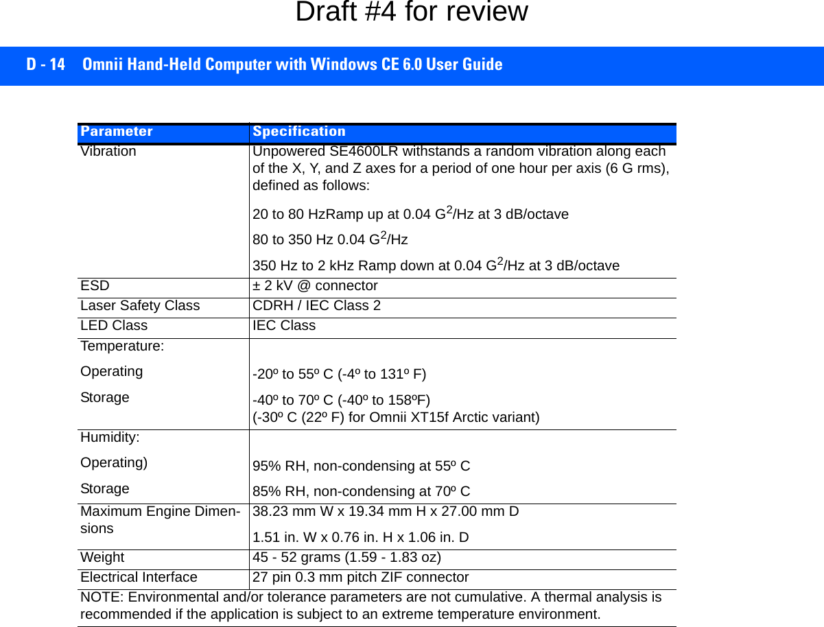 D - 14 Omnii Hand-Held Computer with Windows CE 6.0 User GuideVibration Unpowered SE4600LR withstands a random vibration along each of the X, Y, and Z axes for a period of one hour per axis (6 G rms), defined as follows:20 to 80 HzRamp up at 0.04 G2/Hz at 3 dB/octave80 to 350 Hz 0.04 G2/Hz350 Hz to 2 kHz Ramp down at 0.04 G2/Hz at 3 dB/octaveESD ± 2 kV @ connectorLaser Safety Class CDRH / IEC Class 2LED Class IEC ClassTemperature:OperatingStorage-20º to 55º C (-4º to 131º F)-40º to 70º C (-40º to 158ºF)(-30º C (22º F) for Omnii XT15f Arctic variant)Humidity:Operating)Storage95% RH, non-condensing at 55º C85% RH, non-condensing at 70º CMaximum Engine Dimen-sions 38.23 mm W x 19.34 mm H x 27.00 mm D1.51 in. W x 0.76 in. H x 1.06 in. DWeight 45 - 52 grams (1.59 - 1.83 oz)Electrical Interface 27 pin 0.3 mm pitch ZIF connectorNOTE: Environmental and/or tolerance parameters are not cumulative. A thermal analysis is recommended if the application is subject to an extreme temperature environment.Parameter SpecificationDraft #4 for review