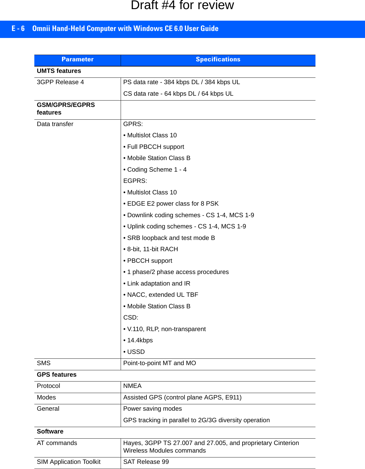 E - 6 Omnii Hand-Held Computer with Windows CE 6.0 User GuideUMTS features3GPP Release 4 PS data rate - 384 kbps DL / 384 kbps ULCS data rate - 64 kbps DL / 64 kbps ULGSM/GPRS/EGPRS featuresData transfer GPRS:• Multislot Class 10• Full PBCCH support• Mobile Station Class B• Coding Scheme 1 - 4EGPRS:• Multislot Class 10• EDGE E2 power class for 8 PSK• Downlink coding schemes - CS 1-4, MCS 1-9• Uplink coding schemes - CS 1-4, MCS 1-9• SRB loopback and test mode B• 8-bit, 11-bit RACH• PBCCH support• 1 phase/2 phase access procedures• Link adaptation and IR• NACC, extended UL TBF• Mobile Station Class BCSD:• V.110, RLP, non-transparent• 14.4kbps• USSDSMS Point-to-point MT and MOGPS featuresProtocol NMEAModes Assisted GPS (control plane AGPS, E911)General Power saving modesGPS tracking in parallel to 2G/3G diversity operationSoftwareAT commands Hayes, 3GPP TS 27.007 and 27.005, and proprietary Cinterion Wireless Modules commandsSIM Application Toolkit  SAT Release 99Parameter SpecificationsDraft #4 for review