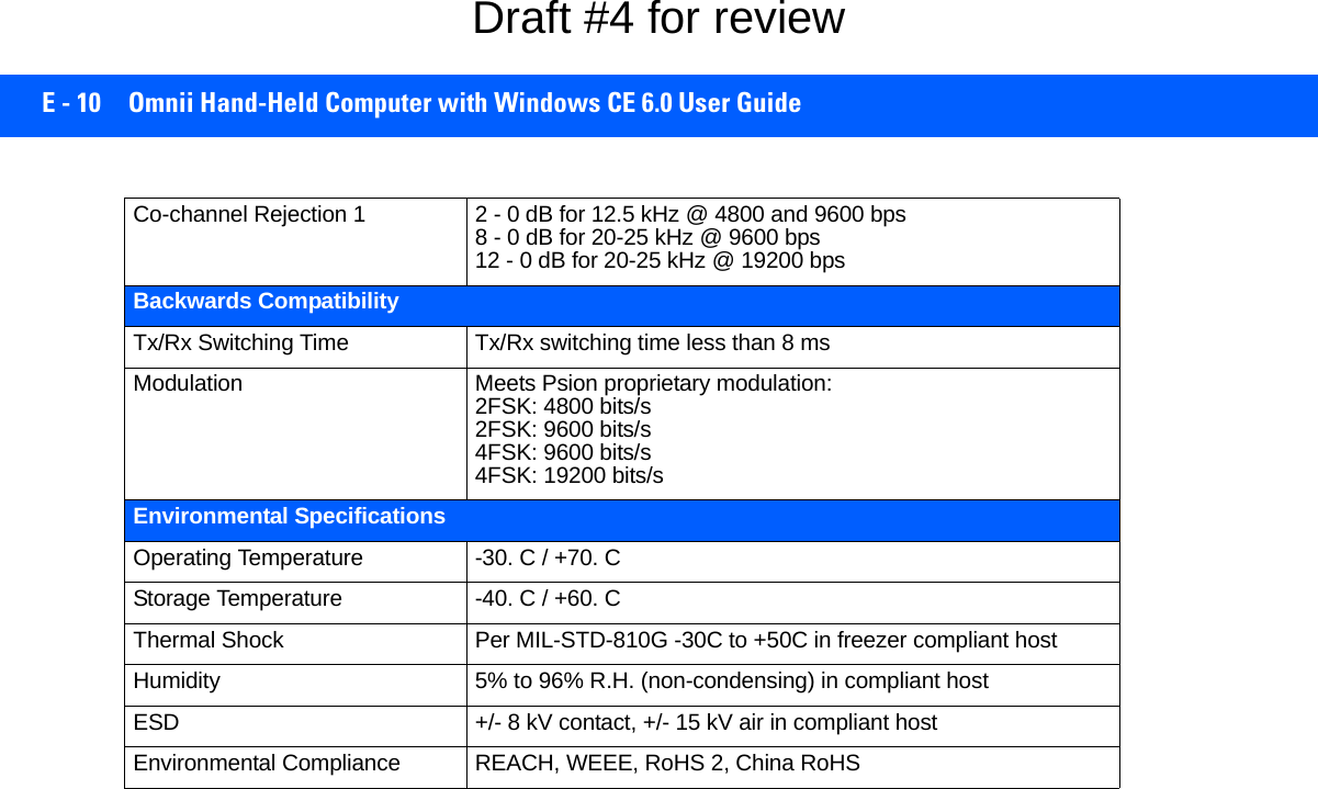 E - 10 Omnii Hand-Held Computer with Windows CE 6.0 User GuideCo-channel Rejection 1 2 - 0 dB for 12.5 kHz @ 4800 and 9600 bps8 - 0 dB for 20-25 kHz @ 9600 bps12 - 0 dB for 20-25 kHz @ 19200 bpsBackwards CompatibilityTx/Rx Switching Time  Tx/Rx switching time less than 8 msModulation  Meets Psion proprietary modulation:2FSK: 4800 bits/s2FSK: 9600 bits/s4FSK: 9600 bits/s4FSK: 19200 bits/sEnvironmental SpecificationsOperating Temperature  -30. C / +70. CStorage Temperature  -40. C / +60. CThermal Shock  Per MIL-STD-810G -30C to +50C in freezer compliant hostHumidity  5% to 96% R.H. (non-condensing) in compliant hostESD  +/- 8 kV contact, +/- 15 kV air in compliant hostEnvironmental Compliance  REACH, WEEE, RoHS 2, China RoHSDraft #4 for review