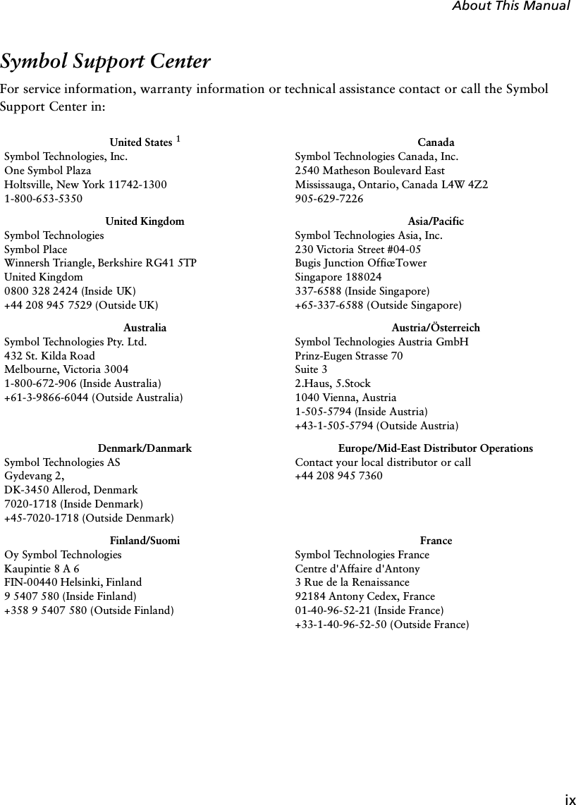 ixAbout This ManualSymbol Support CenterFor service information, warranty information or technical assistance contact or call the Symbol Support Center in:United States 1Symbol Technologies, Inc.One Symbol PlazaHoltsville, New York 11742-13001-800-653-5350CanadaSymbol Technologies Canada, Inc.2540 Matheson Boulevard EastMississauga, Ontario, Canada L4W 4Z2905-629-7226United KingdomSymbol TechnologiesSymbol PlaceWinnersh Triangle, Berkshire RG41 5TPUnited Kingdom0800 328 2424 (Inside UK)+44 208 945 7529 (Outside UK)Asia/PacificSymbol Technologies Asia, Inc.230 Victoria Street #04-05Bugis Junction Office TowerSingapore 188024337-6588 (Inside Singapore)+65-337-6588 (Outside Singapore)AustraliaSymbol Technologies Pty. Ltd.432 St. Kilda RoadMelbourne, Victoria 30041-800-672-906 (Inside Australia)+61-3-9866-6044 (Outside Australia)Austria/ÖsterreichSymbol Technologies Austria GmbH Prinz-Eugen Strasse 70Suite 32.Haus, 5.Stock1040 Vienna, Austria1-505-5794 (Inside Austria)+43-1-505-5794 (Outside Austria)Denmark/DanmarkSymbol Technologies ASGydevang 2,DK-3450 Allerod, Denmark7020-1718 (Inside Denmark)+45-7020-1718 (Outside Denmark)Europe/Mid-East Distributor OperationsContact your local distributor or call+44 208 945 7360Finland/SuomiOy Symbol TechnologiesKaupintie 8 A 6FIN-00440 Helsinki, Finland9 5407 580 (Inside Finland)+358 9 5407 580 (Outside Finland)FranceSymbol Technologies FranceCentre d&apos;Affaire d&apos;Antony3 Rue de la Renaissance92184 Antony Cedex, France01-40-96-52-21 (Inside France)+33-1-40-96-52-50 (Outside France)