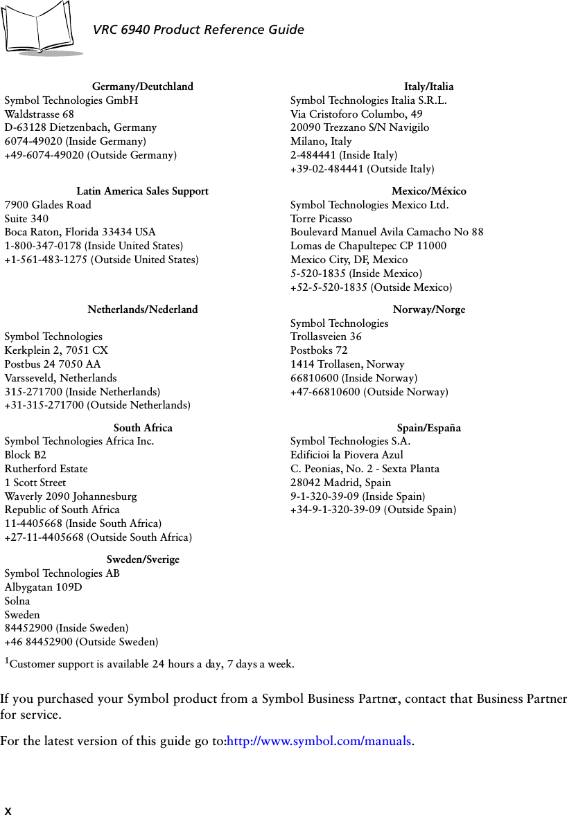 xVRC 6940 Product Reference GuideIf you purchased your Symbol product from a Symbol Business Partner, contact that Business Partner for service.For the latest version of this guide go to:http://www.symbol.com/manuals.Germany/DeutchlandSymbol Technologies GmbHWaldstrasse 68D-63128 Dietzenbach, Germany6074-49020 (Inside Germany)+49-6074-49020 (Outside Germany)Italy/ItaliaSymbol Technologies Italia S.R.L.Via Cristoforo Columbo, 4920090 Trezzano S/N NavigiloMilano, Italy2-484441 (Inside Italy)+39-02-484441 (Outside Italy)Latin America Sales Support7900 Glades RoadSuite 340Boca Raton, Florida 33434 USA1-800-347-0178 (Inside United States)+1-561-483-1275 (Outside United States)Mexico/MéxicoSymbol Technologies Mexico Ltd.Torre PicassoBoulevard Manuel Avila Camacho No 88Lomas de Chapultepec CP 11000Mexico City, DF, Mexico5-520-1835 (Inside Mexico)+52-5-520-1835 (Outside Mexico)Netherlands/NederlandSymbol TechnologiesKerkplein 2, 7051 CXPostbus 24 7050 AAVarsseveld, Netherlands315-271700 (Inside Netherlands)+31-315-271700 (Outside Netherlands)Norway/NorgeSymbol TechnologiesTrollasveien 36Postboks 721414 Trollasen, Norway66810600 (Inside Norway)+47-66810600 (Outside Norway)South AfricaSymbol Technologies Africa Inc.Block B2Rutherford Estate1 Scott StreetWaverly 2090 JohannesburgRepublic of South Africa11-4405668 (Inside South Africa)+27-11-4405668 (Outside South Africa)Spain/EspañaSymbol Technologies S.A.Edificioi la Piovera AzulC. Peonias, No. 2 - Sexta Planta28042 Madrid, Spain9-1-320-39-09 (Inside Spain)+34-9-1-320-39-09 (Outside Spain)Sweden/SverigeSymbol Technologies ABAlbygatan 109DSolnaSweden84452900 (Inside Sweden)+46 84452900 (Outside Sweden)1Customer support is available 24 hours a day, 7 days a week.