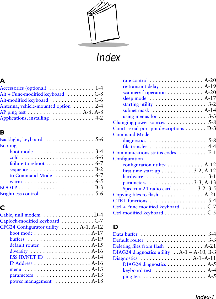 Index-1IndexAAccessories (optional)  . . . . . . . . . . . . . . .  1-4Alt + Func-modified keyboard  . . . . . . . . . C-8Alt-modified keyboard  . . . . . . . . . . . . . . C-6Antenna, vehicle-mounted option . . . . . . . 2-4AP ping test . . . . . . . . . . . . . . . . . . A-5, A-8Applications, installing  . . . . . . . . . . . . . .  4-2BBacklight, keyboard  . . . . . . . . . . . . . . . . 5-6Bootingboot mode . . . . . . . . . . . . . . . . . . . . 3-4cold  . . . . . . . . . . . . . . . . . . . . . . . . 6-6failure to reboot . . . . . . . . . . . . . . . .  6-7sequence . . . . . . . . . . . . . . . . . . . . . B-2to Command Mode  . . . . . . . . . . . . . 6-7warm  . . . . . . . . . . . . . . . . . . . . . . . 6-5BOOTP . . . . . . . . . . . . . . . . . . . . . . . . . B-3Brightness control . . . . . . . . . . . . . . . . . . 5-6CCable, null modem  . . . . . . . . . . . . . . . . . D-4Caplock-modified keyboard . . . . . . . . . . . C-7CFG24 Configurator utility  . . . . . . A-1, A-12boot mode . . . . . . . . . . . . . . . . . . . A-17buffers  . . . . . . . . . . . . . . . . . . . . . A-19default router  . . . . . . . . . . . . . . . . A-15diversity  . . . . . . . . . . . . . . . . . . . . A-16ESS ID/NET ID  . . . . . . . . . . . . . . . A-14IP Address . . . . . . . . . . . . . . . . . . . A-16menu  . . . . . . . . . . . . . . . . . . . . . . A-13parameters  . . . . . . . . . . . . . . . . . . A-13power management  . . . . . . . . . . . . A-18rate control . . . . . . . . . . . . . . . . . .  A-20re-transmit delay . . . . . . . . . . . . . . A-19scanner/rf operation . . . . . . . . . . . . A-20sleep mode  . . . . . . . . . . . . . . . . . .  A-17starting utility . . . . . . . . . . . . . . . . .  3-2subnet mask  . . . . . . . . . . . . . . . . .  A-14using menus for . . . . . . . . . . . . . . . .  3-3Changing power sources . . . . . . . . . . . . .  5-8Com1 serial port pin descriptions . . . . . . . D-3Command Modediagnostics  . . . . . . . . . . . . . . . . . . .  5-8file transfer . . . . . . . . . . . . . . . . . . .  4-4Communications status codes  . . . . . . . . .  E-1Configurationconfiguration utility . . . . . . . . . . . . A-12first time start-up . . . . . . . . . . .3-2, A-12hardware  . . . . . . . . . . . . . . . . . . . .  3-1parameters  . . . . . . . . . . . . . . .3-3, A-13Spectrum24 radio card . . . . . . . . 3-2–3-5Copying files to flash  . . . . . . . . . . . . . . A-21CTRL functions . . . . . . . . . . . . . . . . . . .  5-4Ctrl + Func-modified keyboard  . . . . . . . .  C-7Ctrl-modified keyboard . . . . . . . . . . . . . .  C-5DData buffer . . . . . . . . . . . . . . . . . . . . . .  3-4Default router  . . . . . . . . . . . . . . . . . . . .  3-3Deleting files from flash  . . . . . . . . . . . .  A-21DIAG24 diagnostics utility  . .A-1 – A-10, B-3Diagnostics . . . . . . . . . . . . . . . . .  A-1–A-11DIAG24 diagnostics . . . . . . . . . . . . . A-5keyboard test  . . . . . . . . . . . . . . . . . A-4ping test . . . . . . . . . . . . . . . . . . . . .  A-5