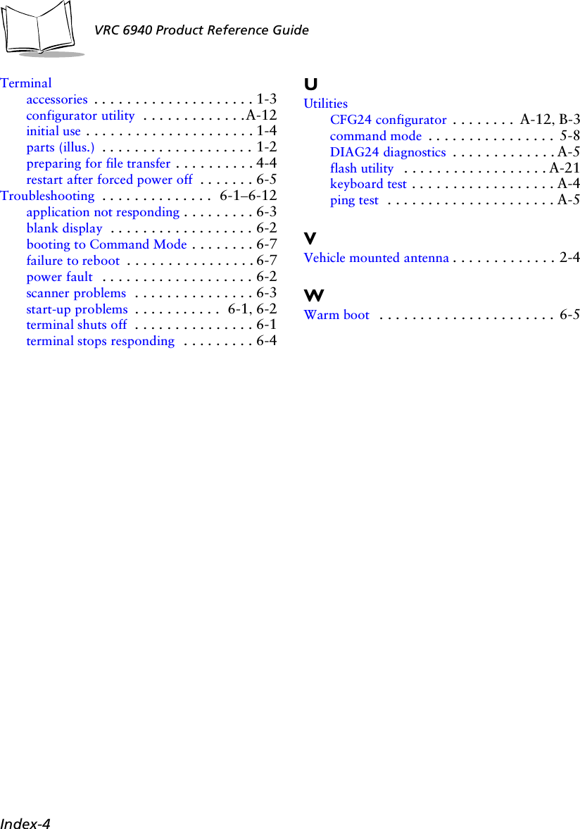 Index-4VRC 6940 Product Reference GuideTerminalaccessories . . . . . . . . . . . . . . . . . . . . 1-3configurator utility  . . . . . . . . . . . . .A-12initial use . . . . . . . . . . . . . . . . . . . . . 1-4parts (illus.) . . . . . . . . . . . . . . . . . . . 1-2preparing for file transfer . . . . . . . . . . 4-4restart after forced power off  . . . . . . . 6-5Troubleshooting . . . . . . . . . . . . . .  6-1–6-12application not responding . . . . . . . . . 6-3blank display . . . . . . . . . . . . . . . . . . 6-2booting to Command Mode . . . . . . . . 6-7failure to reboot . . . . . . . . . . . . . . . . 6-7power fault  . . . . . . . . . . . . . . . . . . . 6-2scanner problems  . . . . . . . . . . . . . . . 6-3start-up problems . . . . . . . . . . .  6-1, 6-2terminal shuts off  . . . . . . . . . . . . . . . 6-1terminal stops responding  . . . . . . . . . 6-4UUtilitiesCFG24 configurator . . . . . . . .  A-12, B-3command mode . . . . . . . . . . . . . . . . 5-8DIAG24 diagnostics . . . . . . . . . . . . . A-5flash utility  . . . . . . . . . . . . . . . . . . A-21keyboard test . . . . . . . . . . . . . . . . . . A-4ping test  . . . . . . . . . . . . . . . . . . . . . A-5VVehicle mounted antenna . . . . . . . . . . . . . 2-4WWarm boot  . . . . . . . . . . . . . . . . . . . . . .  6-5