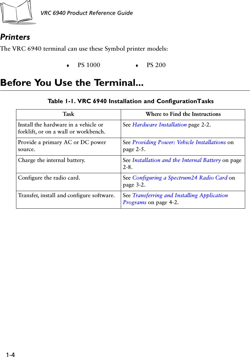 1-4VRC 6940 Product Reference GuidePrintersThe VRC 6940 terminal can use these Symbol printer models:Before You Use the Terminal...!PS 1000 !PS 200Table 1-1. VRC 6940 Installation and Configuration TasksTask Where to Find the InstructionsInstall the hardware in a vehicle or forklift, or on a wall or workbench.See Hardware Installation page 2-2.Provide a primary AC or DC power source.See Providing Power: Vehicle Installations on page 2-5.Charge the internal battery. See Installation and the Internal Battery on page 2-8.Configure the radio card. See Configuring a Spectrum24 Radio Card on page 3-2.Transfer, install and configure software. See Transferring and Installing Application Programs on page 4-2.