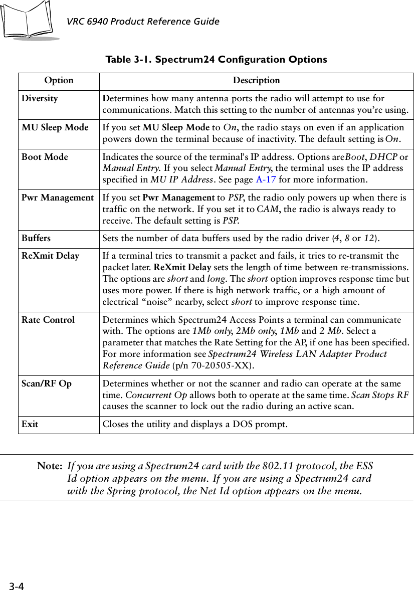 3-4 VRC 6940 Product Reference GuideNote: If you are using a Spectrum24 card with the 802.11 protocol, the ESS Id option appears on the menu. If you are using a Spectrum24 card with the Spring protocol, the Net Id option appears on the menu.Diversity Determines how many antenna ports the radio will attempt to use for communications. Match this setting to the number of antennas you’re using. MU Sleep Mode If you set MU Sleep Mode to On, the radio stays on even if an application powers down the terminal because of inactivity. The default setting is On.Boot Mode Indicates the source of the terminal’s IP address. Options are Boot, DHCP or Manual Entry. If you select Manual Entry, the terminal uses the IP address specified in MU IP Address. See page A-17 for more information.Pwr Management If you set Pwr Management to PSP, the radio only powers up when there is traffic on the network. If you set it to CAM, the radio is always ready to receive. The default setting is PSP.Buffers Sets the number of data buffers used by the radio driver (4, 8 or 12).ReXmit Delay If a terminal tries to transmit a packet and fails, it tries to re-transmit the packet later. ReXmit Delay sets the length of time between re-transmissions. The options are short and long. The short option improves response time but uses more power. If there is high network traffic, or a high amount of electrical “noise” nearby, select short to improve response time.Rate Control Determines which Spectrum24 Access Points a terminal can communicate with. The options are 1Mb only, 2Mb only, 1Mb and 2 Mb. Select a parameter that matches the Rate Setting for the AP, if one has been specified. For more information see Spectrum24 Wireless LAN Adapter Product Reference Guide (p/n 70-20505-XX).Scan/RF Op Determines whether or not the scanner and radio can operate at the same time. Concurrent Op allows both to operate at the same time. Scan Stops RF causes the scanner to lock out the radio during an active scan.Exit Closes the utility and displays a DOS prompt.Table 3-1. Spectrum24 Configuration OptionsOption Description