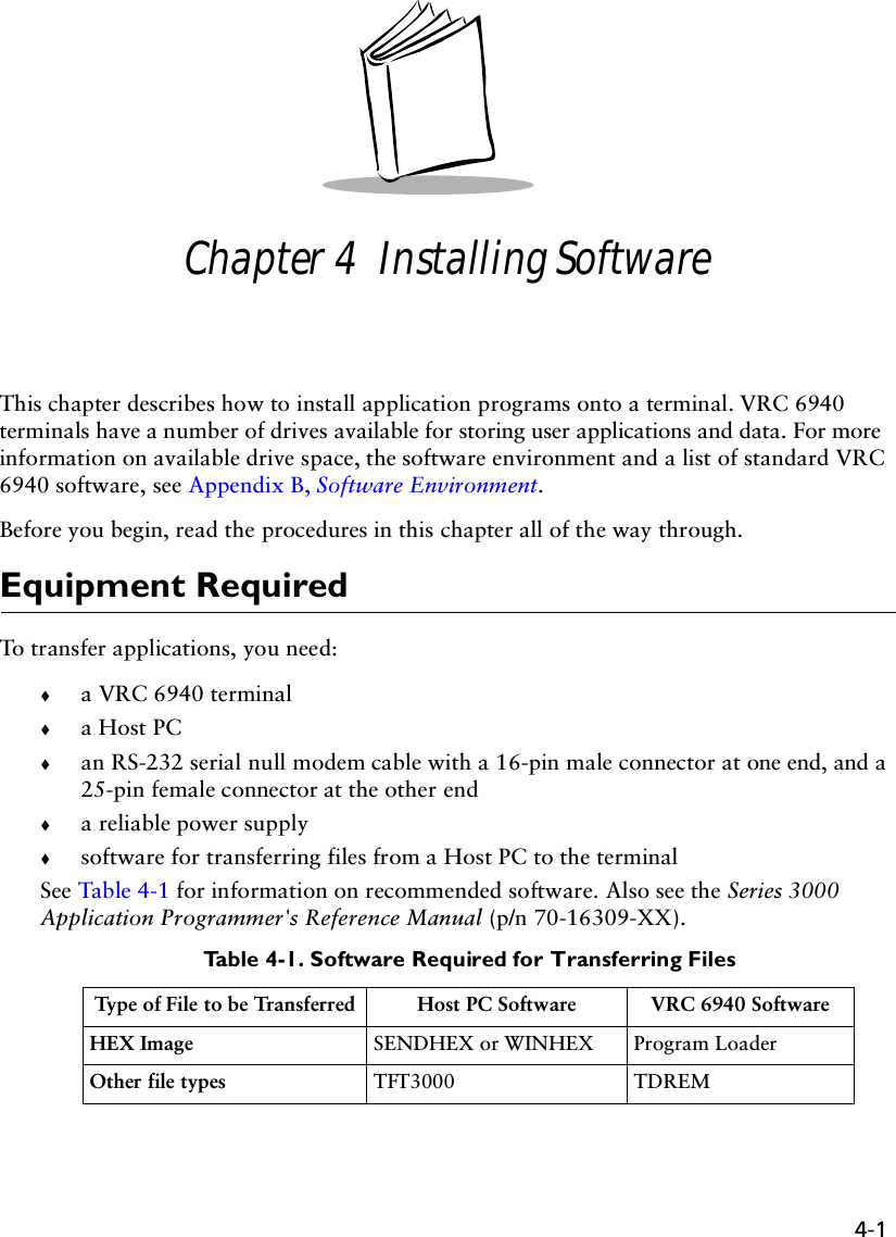 4-1Chapter 4  Installing SoftwareThis chapter describes how to install application programs onto a terminal. VRC 6940 terminals have a number of drives available for storing user applications and data. For more information on available drive space, the software environment and a list of standard VRC 6940 software, see Appendix B, Software Environment.Before you begin, read the procedures in this chapter all of the way through.Equipment RequiredTo transfer applications, you need: !a VRC 6940 terminal!a Host PC!an RS-232 serial null modem cable with a 16-pin male connector at one end, and a 25-pin female connector at the other end!a reliable power supply!software for transferring files from a Host PC to the terminalSee Tab le 4-1 for information on recommended software. Also see the Series 3000 Application Programmer&apos;s Reference Manual (p/n 70-16309-XX).Table 4-1. Software Required for Transferring FilesType of File to be Transferred Host PC Software VRC 6940 SoftwareHEX Image SENDHEX or WINHEX Program LoaderOther file types TFT3000 TDREM