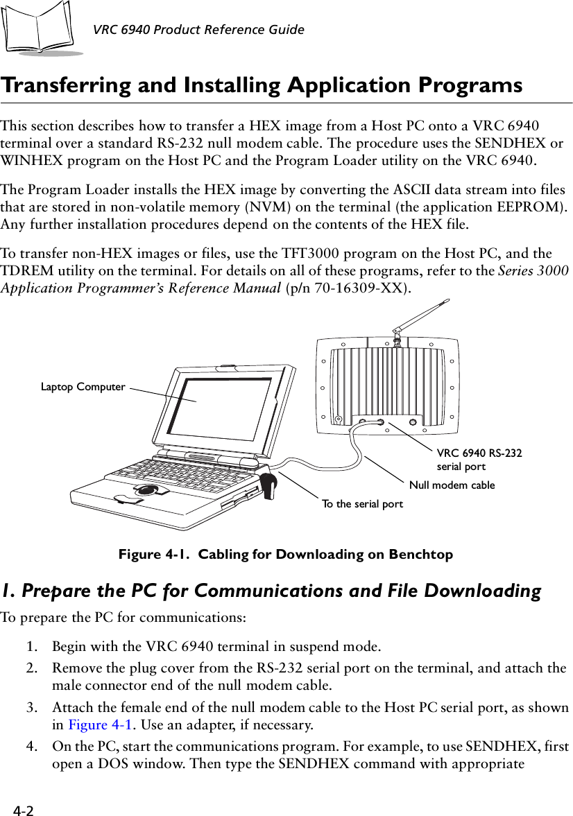 4-2 VRC 6940 Product Reference GuideTransferring and Installing Application ProgramsThis section describes how to transfer a HEX image from a Host PC onto a VRC 6940 terminal over a standard RS-232 null modem cable. The procedure uses the SENDHEX or WINHEX program on the Host PC and the Program Loader utility on the VRC 6940. The Program Loader installs the HEX image by converting the ASCII data stream into files that are stored in non-volatile memory (NVM) on the terminal (the application EEPROM). Any further installation procedures depend on the contents of the HEX file.To transfer non-HEX images or files, use the TFT3000 program on the Host PC, and the TDREM utility on the terminal. For details on all of these programs, refer to the Series 3000 Application Programmer’s Reference Manual (p/n 70-16309-XX).Figure 4-1.  Cabling for Downloading on Benchtop1. Prepare the PC for Communications and File DownloadingTo prepare the PC for communications:1. Begin with the VRC 6940 terminal in suspend mode.2. Remove the plug cover from the RS-232 serial port on the terminal, and attach the male connector end of the null modem cable. 3. Attach the female end of the null modem cable to the Host PC serial port, as shown in Figure 4-1. Use an adapter, if necessary.4. On the PC, start the communications program. For example, to use SENDHEX, first open a DOS window. Then type the SENDHEX command with appropriate To the serial portVRC 6940 RS-232 serial portNull modem cableLaptop Computer