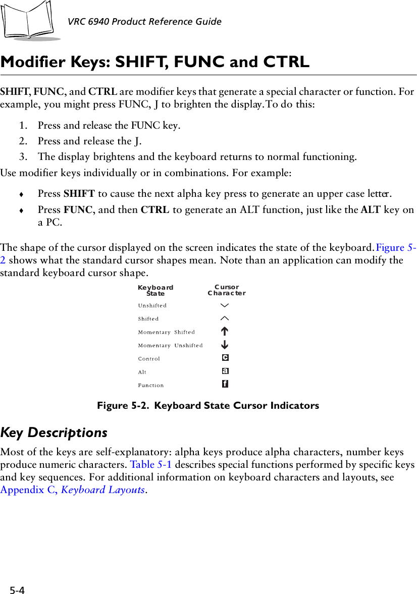 5-4 VRC 6940 Product Reference GuideModifier Keys: SHIFT, FUNC and CTRLSHIFT, FUNC, and CTRL are modifier keys that generate a special character or function. For example, you might press FUNC, J to brighten the display. To do this:1. Press and release the FUNC key. 2. Press and release the J. 3. The display brightens and the keyboard returns to normal functioning.Use modifier keys individually or in combinations. For example:!Press SHIFT to cause the next alpha key press to generate an upper case letter. !Press FUNC, and then CTRL to generate an ALT function, just like the ALT key on a PC. The shape of the cursor displayed on the screen indicates the state of the keyboard. Figure 5-2 shows what the standard cursor shapes mean. Note than an application can modify the standard keyboard cursor shape.Figure 5-2.  Keyboard State Cursor IndicatorsKey DescriptionsMost of the keys are self-explanatory: alpha keys produce alpha characters, number keys produce numeric characters. Table 5-1 describes special functions performed by specific keys and key sequences. For additional information on keyboard characters and layouts, see Appendix C, Keyboard Layouts.KeyboardState CursorCharacter LowBattery