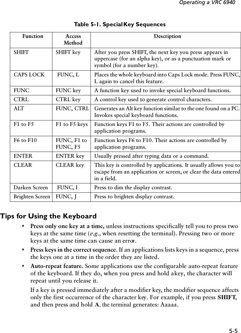 5-5Operating a VRC 6940Table 5-1. Special Key SequencesTips for Using the Keyboard&quot;Press only one key at a time, unless instructions specifically tell you to press two keys at the same time (e.g., when resetting the terminal). Pressing two or more keys at the same time can cause an error. &quot;Press keys in the correct sequence. If an applications lists keys in a sequence, press the keys one at a time in the order they are listed. &quot;Auto-repeat feature. Some applications use the configurable auto-repeat feature of the keyboard. If they do, when you press and hold a key, the character will repeat until you release it.If a key is pressed immediately after a modifier key, the modifier sequence affects only the first occurrence of the character key. For example, if you press SHIFT, and then press and hold A, the terminal generates: Aaaaa.Function Access MethodDescriptionSHIFT SHIFT key After you press SHIFT, the next key you press appears in uppercase (for an alpha key), or as a punctuation mark or symbol (for a number key). CAPS LOCK  FUNC, L Places the whole keyboard into Caps Lock mode. Press FUNC, L again to cancel this feature.FUNC  FUNC key A function key used to invoke special keyboard functions.CTRL CTRL key A control key used to generate control characters.ALT FUNC, CTRL Generates an Alt key function similar to the one found on a PC. Invokes special keyboard functions.F1 to F5  F1 to F5 keys Function keys F1 to F5. Their actions are controlled by application programs. F6 to F10 FUNC, F1 to FUNC, F5Function keys F6 to F10. Their actions are controlled by application programs. ENTER  ENTER key Usually pressed after typing data or a command.CLEAR CLEAR key This key is controlled by applications. It usually allows you to escape from an application or screen, or clear the data entered in a field.Darken Screen  FUNC, I Press to dim the display contrast. Brighten Screen FUNC, J Press to brighten display contrast.