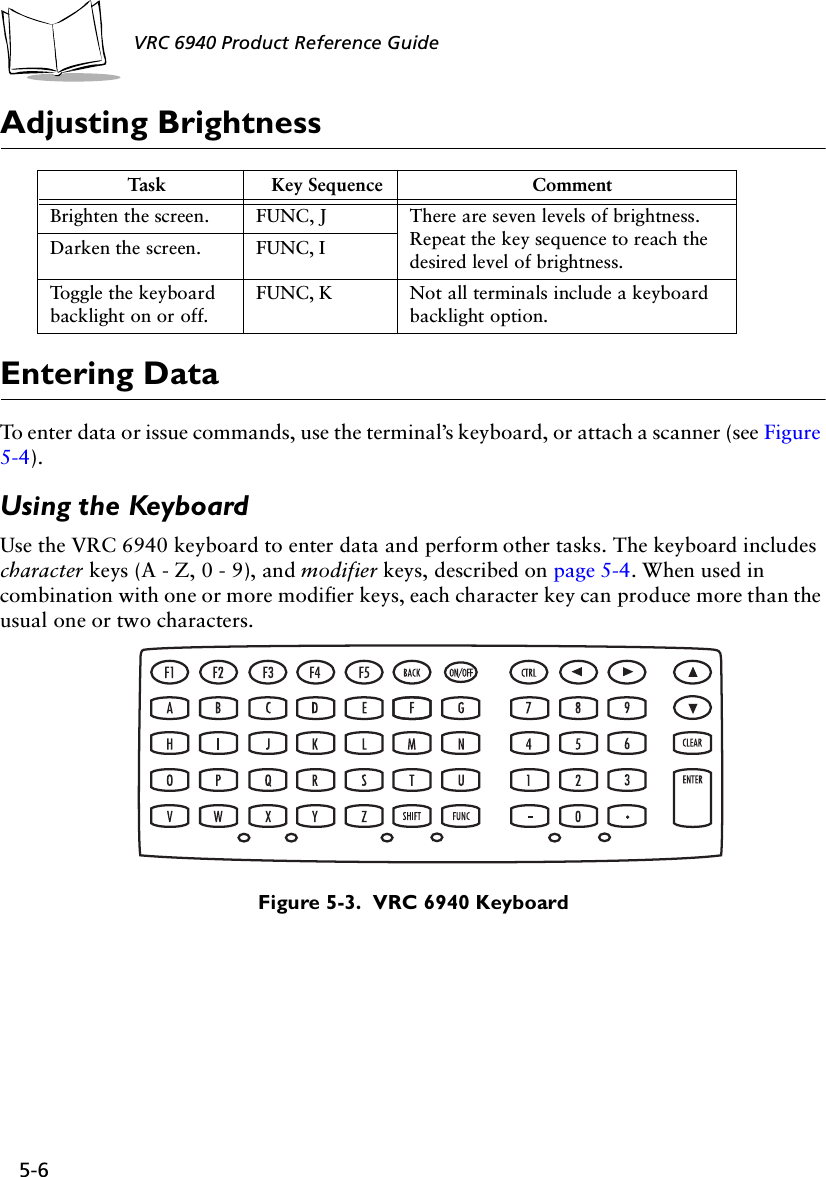 5-6 VRC 6940 Product Reference GuideAdjusting BrightnessEntering DataTo enter data or issue commands, use the terminal’s keyboard, or attach a scanner (see Figure 5-4).Using the KeyboardUse the VRC 6940 keyboard to enter data and perform other tasks. The keyboard includes character keys (A - Z, 0 - 9), and modifier keys, described on page 5-4. When used in combination with one or more modifier keys, each character key can produce more than the usual one or two characters. Figure 5-3.  VRC 6940 KeyboardTask Key Sequence CommentBrighten the screen. FUNC, J There are seven levels of brightness. Repeat the key sequence to reach the desired level of brightness.Darken the screen. FUNC, IToggle the keyboard backlight on or off.FUNC, K Not all terminals include a keyboard backlight option.