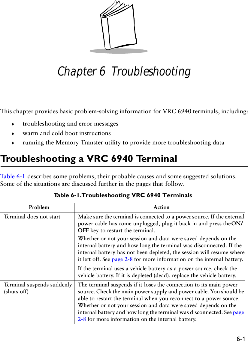 6-1Chapter 6  TroubleshootingThis chapter provides basic problem-solving information for VRC 6940 terminals, including:!troubleshooting and error messages!warm and cold boot instructions!running the Memory Transfer utility to provide more troubleshooting dataTroubleshooting a VRC 6940 TerminalTable 6-1 describes some problems, their probable causes and some suggested solutions. Some of the situations are discussed further in the pages that follow.Table 6-1. Troubleshooting VRC 6940 TerminalsProblem ActionTerminal does not start Make sure the terminal is connected to a power source. If the external power cable has come unplugged, plug it back in and press the ON/OFF key to restart the terminal. Whether or not your session and data were saved depends on the internal battery and how long the terminal was disconnected. If the internal battery has not been depleted, the session will resume where it left off. See page 2-8 for more information on the internal battery.If the terminal uses a vehicle battery as a power source, check the vehicle battery. If it is depleted (dead), replace the vehicle battery.Terminal suspends suddenly (shuts off)The terminal suspends if it loses the connection to its main power source. Check the main power supply and power cable. You should be able to restart the terminal when you reconnect to a power source. Whether or not your session and data were saved depends on the internal battery and how long the terminal was disconnected. See page 2-8 for more information on the internal battery.