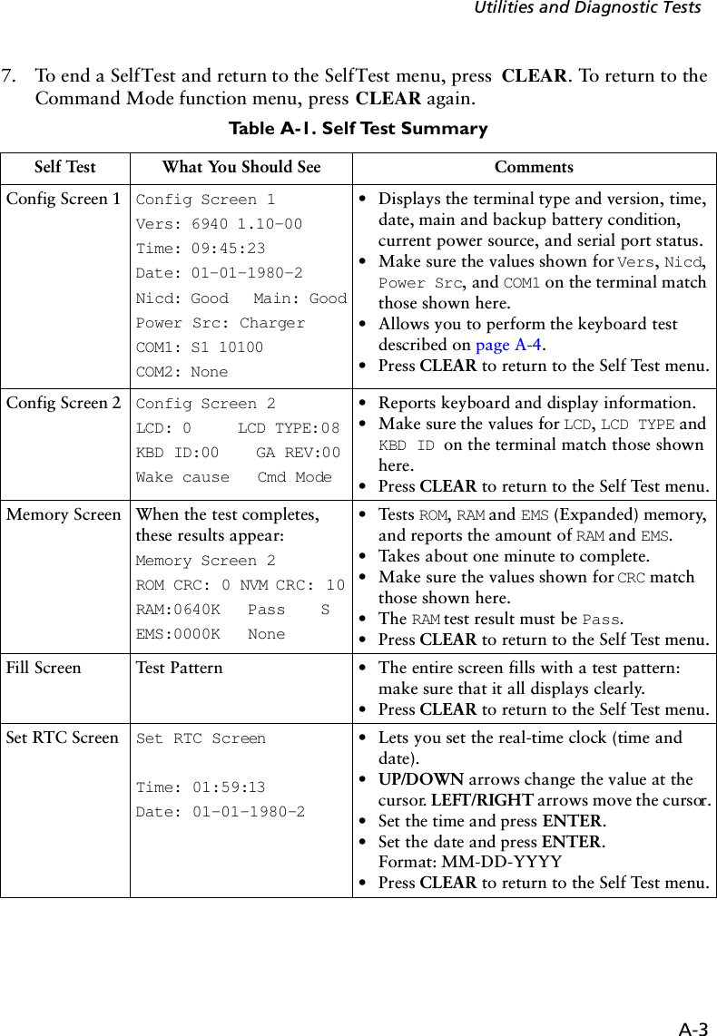 A-3Utilities and Diagnostic Tests7. To end a Self Test and return to the Self Test menu, press  CLEAR. To return to the Command Mode function menu, press CLEAR again.Table A-1. Self Test Summary Self Test What You Should See CommentsConfig Screen 1 Config Screen 1Vers: 6940 1.10-00Time: 09:45:23Date: 01-01-1980-2Nicd: Good Main: GoodPower Src: ChargerCOM1: S1 10100COM2: None•Displays the terminal type and version, time, date, main and backup battery condition, current power source, and serial port status.•Make sure the values shown for Vers, Nicd, Power Src, and COM1 on the terminal match those shown here.•Allows you to perform the keyboard test described on page A-4.•Press CLEAR to return to the Self Test menu.Config Screen 2 Config Screen 2LCD: 0     LCD TYPE:08KBD ID:00    GA REV:00Wake cause   Cmd Mode•Reports keyboard and display information.•Make sure the values for LCD, LCD TYPE and KBD ID on the terminal match those shown here.•Press CLEAR to return to the Self Test menu.Memory Screen When the test completes, these results appear:Memory Screen 2ROM CRC: 0 NVM CRC: 10RAM:0640K   Pass    SEMS:0000K   None•Test s ROM, RAM and EMS (Expanded) memory, and reports the amount of RAM and EMS.•Takes about one minute to complete.•Make sure the values shown for CRC match those shown here. •The RAM test result must be Pass.•Press CLEAR to return to the Self Test menu.Fill Screen Test Pattern •The entire screen fills with a test pattern: make sure that it all displays clearly.•Press CLEAR to return to the Self Test menu.Set RTC Screen Set RTC ScreenTime: 01:59:13Date: 01-01-1980-2•Lets you set the real-time clock (time and date).•UP/DOWN arrows change the value at the cursor. LEFT/RIGHT arrows move the cursor.•Set the time and press ENTER.•Set the date and press ENTER. Format: MM-DD-YYYY •Press CLEAR to return to the Self Test menu.