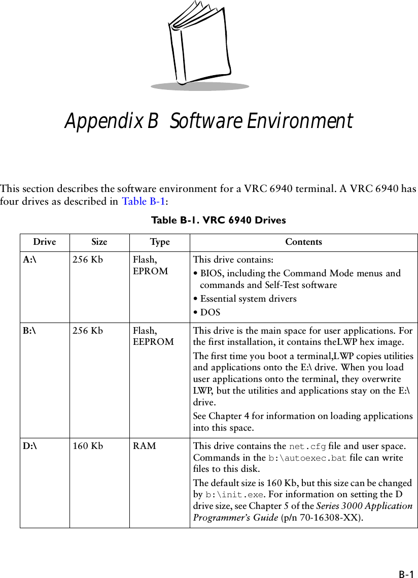 B-1Appendix B  Software EnvironmentThis section describes the software environment for a VRC 6940 terminal. A VRC 6940 has four drives as described in Tab le B-1:Table B-1. VRC 6940 DrivesDrive Size Type ContentsA:\ 256 Kb Flash, EPROMThis drive contains: • BIOS, including the Command Mode menus and commands and Self-Test software• Essential system drivers• DOSB:\ 256 Kb Flash, EEPROMThis drive is the main space for user applications. For the first installation, it contains the LWP hex image.The first time you boot a terminal, LWP copies utilities and applications onto the E:\ drive. When you load user applications onto the terminal, they overwrite LWP, but the utilities and applications stay on the E:\ drive.See Chapter 4 for information on loading applications into this space.D:\ 160 Kb RAM This drive contains the net.cfg file and user space. Commands in the b:\autoexec.bat file can write files to this disk. The default size is 160 Kb, but this size can be changed by b:\init.exe. For information on setting the D drive size, see Chapter 5 of the Series 3000 Application Programmer’s Guide (p/n 70-16308-XX).