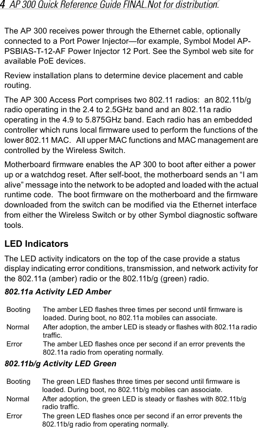 4AP 300 Quick Reference Guide FINAL.Not for distribution.The AP 300 receives power through the Ethernet cable, optionally connected to a Port Power Injector—for example, Symbol Model AP-PSBIAS-T-12-AF Power Injector 12 Port. See the Symbol web site for available PoE devices.Review installation plans to determine device placement and cable routing.The AP 300 Access Port comprises two 802.11 radios:  an 802.11b/g radio operating in the 2.4 to 2.5GHz band and an 802.11a radio  operating in the 4.9 to 5.875GHz band. Each radio has an embedded controller which runs local firmware used to perform the functions of the lower 802.11 MAC.   All upper MAC functions and MAC management are controlled by the Wireless Switch.Motherboard firmware enables the AP 300 to boot after either a power up or a watchdog reset. After self-boot, the motherboard sends an “I am alive” message into the network to be adopted and loaded with the actual runtime code.  The boot firmware on the motherboard and the firmware downloaded from the switch can be modified via the Ethernet interface from either the Wireless Switch or by other Symbol diagnostic software tools.LED IndicatorsThe LED activity indicators on the top of the case provide a status display indicating error conditions, transmission, and network activity for the 802.11a (amber) radio or the 802.11b/g (green) radio.802.11a Activity LED Amber802.11b/g Activity LED GreenBooting The amber LED flashes three times per second until firmware is loaded. During boot, no 802.11a mobiles can associate.Normal After adoption, the amber LED is steady or flashes with 802.11a radio traffic.Error The amber LED flashes once per second if an error prevents the 802.11a radio from operating normally.Booting The green LED flashes three times per second until firmware is loaded. During boot, no 802.11b/g mobiles can associate.Normal After adoption, the green LED is steady or flashes with 802.11b/g radio traffic.Error The green LED flashes once per second if an error prevents the 802.11b/g radio from operating normally.