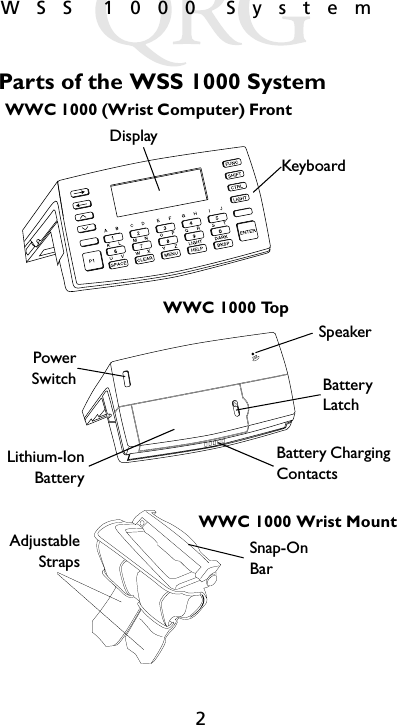2WSS 1000 SystemParts of the WSS 1000 SystemKeyboardDisplaySpeakerBattery LatchPowerSwitchBattery Charging ContactsLithium-IonBatteryWWC 1000 TopWWC 1000 (Wrist Computer) FrontAdjustableStraps Snap-On BarWWC 1000 Wrist Mount