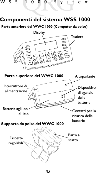 42WSS 1000 SystemComponenti del sistema WSS 1000Dispositivo di sgancio delle batterieDisplayAltoparlanteInterruttore dialimentazioneParte superiore del WWC 1000Parte anteriore del WWC 1000 (Computer da polso)FascetteregolabiliBarra a scattoTa s t i e r aSupporto da polso del WWC 1000Contatti per la ricarica delle batterieBatteria agli ionidi litio