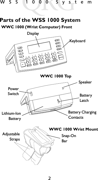 2WSS 1000 SystemParts of the WSS 1000 SystemKeyboardDisplaySpeakerBattery LatchPowerSwitchBattery Charging ContactsLithium-IonBatteryWWC 1000 TopWWC 1000 (Wrist Computer) FrontAdjustableStraps Snap-On BarWWC 1000 Wrist Mount