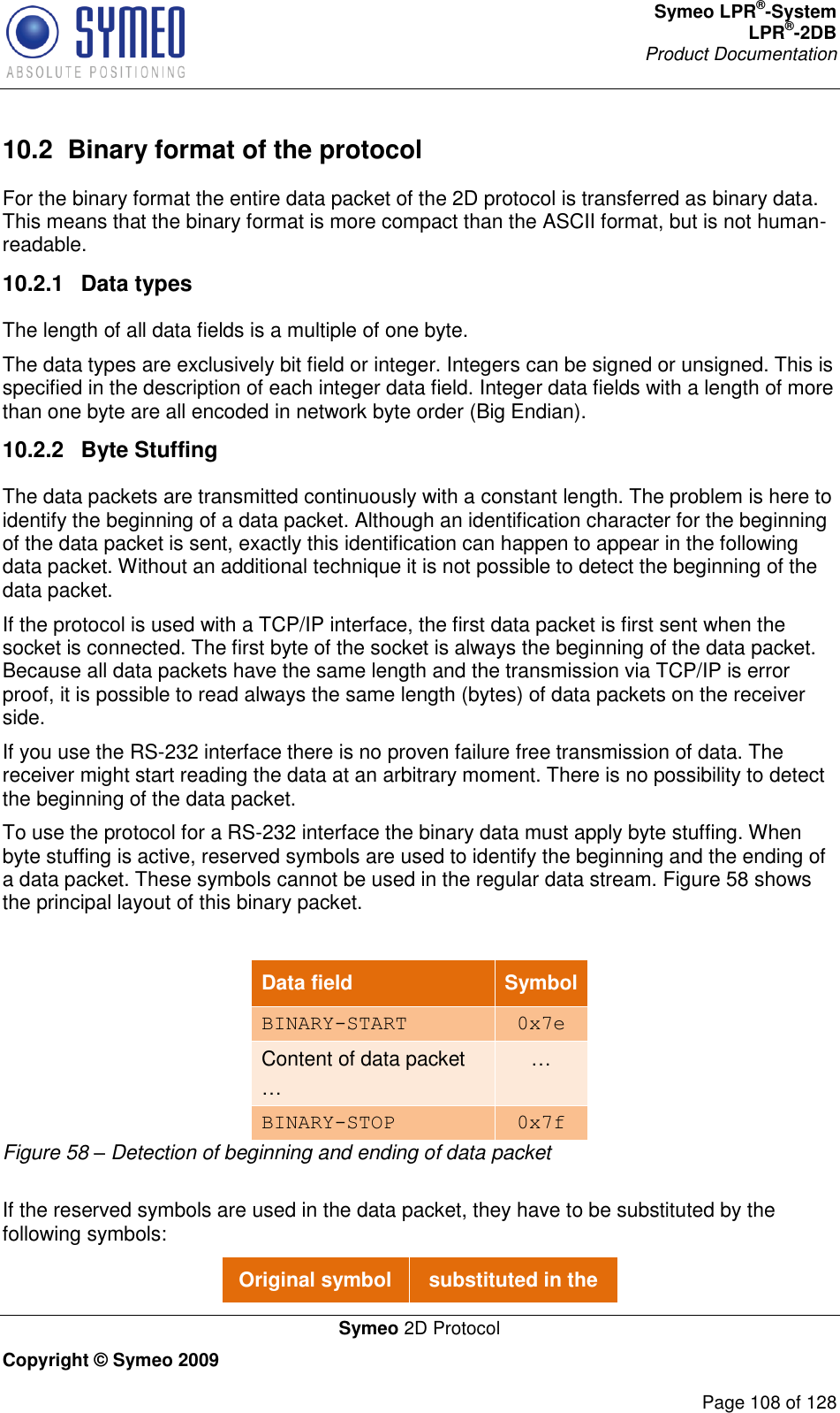 Symeo LPR®-System LPR®-2DB       Product Documentation   Symeo 2D Protocol Copyright © Symeo 2009          Page 108 of 128 10.2  Binary format of the protocol For the binary format the entire data packet of the 2D protocol is transferred as binary data. This means that the binary format is more compact than the ASCII format, but is not human-readable. 10.2.1  Data types  The length of all data fields is a multiple of one byte.  The data types are exclusively bit field or integer. Integers can be signed or unsigned. This is specified in the description of each integer data field. Integer data fields with a length of more than one byte are all encoded in network byte order (Big Endian). 10.2.2  Byte Stuffing The data packets are transmitted continuously with a constant length. The problem is here to identify the beginning of a data packet. Although an identification character for the beginning of the data packet is sent, exactly this identification can happen to appear in the following data packet. Without an additional technique it is not possible to detect the beginning of the data packet. If the protocol is used with a TCP/IP interface, the first data packet is first sent when the socket is connected. The first byte of the socket is always the beginning of the data packet. Because all data packets have the same length and the transmission via TCP/IP is error proof, it is possible to read always the same length (bytes) of data packets on the receiver side. If you use the RS-232 interface there is no proven failure free transmission of data. The receiver might start reading the data at an arbitrary moment. There is no possibility to detect the beginning of the data packet.  To use the protocol for a RS-232 interface the binary data must apply byte stuffing. When byte stuffing is active, reserved symbols are used to identify the beginning and the ending of a data packet. These symbols cannot be used in the regular data stream. Figure 58 shows the principal layout of this binary packet.  Data field Symbol BINARY-START 0x7e Content of data packet   BINARY-STOP 0x7f Figure 58 – Detection of beginning and ending of data packet  If the reserved symbols are used in the data packet, they have to be substituted by the following symbols: Original symbol substituted in the 