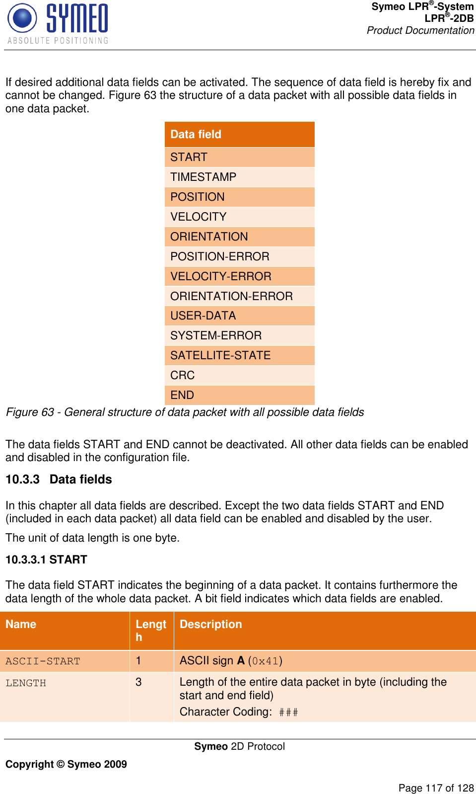 Symeo LPR®-System LPR®-2DB       Product Documentation   Symeo 2D Protocol Copyright © Symeo 2009          Page 117 of 128 If desired additional data fields can be activated. The sequence of data field is hereby fix and cannot be changed. Figure 63 the structure of a data packet with all possible data fields in one data packet. Data field START TIMESTAMP POSITION VELOCITY ORIENTATION POSITION-ERROR VELOCITY-ERROR ORIENTATION-ERROR USER-DATA SYSTEM-ERROR SATELLITE-STATE CRC END Figure 63 - General structure of data packet with all possible data fields  The data fields START and END cannot be deactivated. All other data fields can be enabled and disabled in the configuration file.  10.3.3  Data fields In this chapter all data fields are described. Except the two data fields START and END (included in each data packet) all data field can be enabled and disabled by the user.  The unit of data length is one byte. 10.3.3.1 START The data field START indicates the beginning of a data packet. It contains furthermore the data length of the whole data packet. A bit field indicates which data fields are enabled. Name   Length Description ASCII-START 1 ASCII sign A (0x41) LENGTH 3 Length of the entire data packet in byte (including the start and end field) Character Coding:  ### 