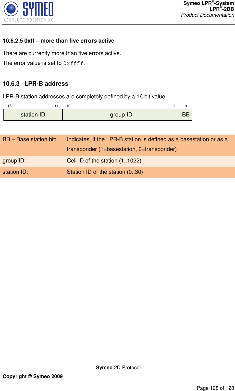 Symeo LPR®-System LPR®-2DB       Product Documentation   Symeo 2D Protocol Copyright © Symeo 2009          Page 128 of 128 10.6.2.5 0xff – more than five errors active There are currently more than five errors active. The error value is set to 0xffff.  10.6.3  LPR-B address LPR-B station addresses are completely defined by a 16 bit value: 15 11 10 1 0group ID BBstation ID  BB  Base station bit: Indicates, if the LPR-B station is defined as a basestation or as a transponder (1=basestation, 0=transponder)  group ID: Cell ID of the station (1..1022) station ID: Station ID of the station (0..30)    