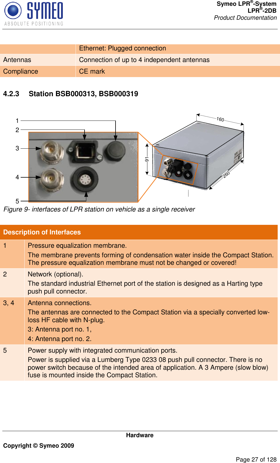 Symeo LPR®-System LPR®-2DB       Product Documentation   Hardware Copyright © Symeo 2009          Page 27 of 128 Ethernet: Plugged connection Antennas Connection of up to 4 independent antennas Compliance CE mark  4.2.3  Station BSB000313, BSB000319  1912601602345 Figure 9- interfaces of LPR station on vehicle as a single receiver  Description of Interfaces 1 Pressure equalization membrane. The membrane prevents forming of condensation water inside the Compact Station. The pressure equalization membrane must not be changed or covered! 2 Network (optional). The standard industrial Ethernet port of the station is designed as a Harting type push pull connector. 3, 4 Antenna connections. The antennas are connected to the Compact Station via a specially converted low-loss HF cable with N-plug.  3: Antenna port no. 1,  4: Antenna port no. 2. 5 Power supply with integrated communication ports.  Power is supplied via a Lumberg Type 0233 08 push pull connector. There is no power switch because of the intended area of application. A 3 Ampere (slow blow) fuse is mounted inside the Compact Station. 