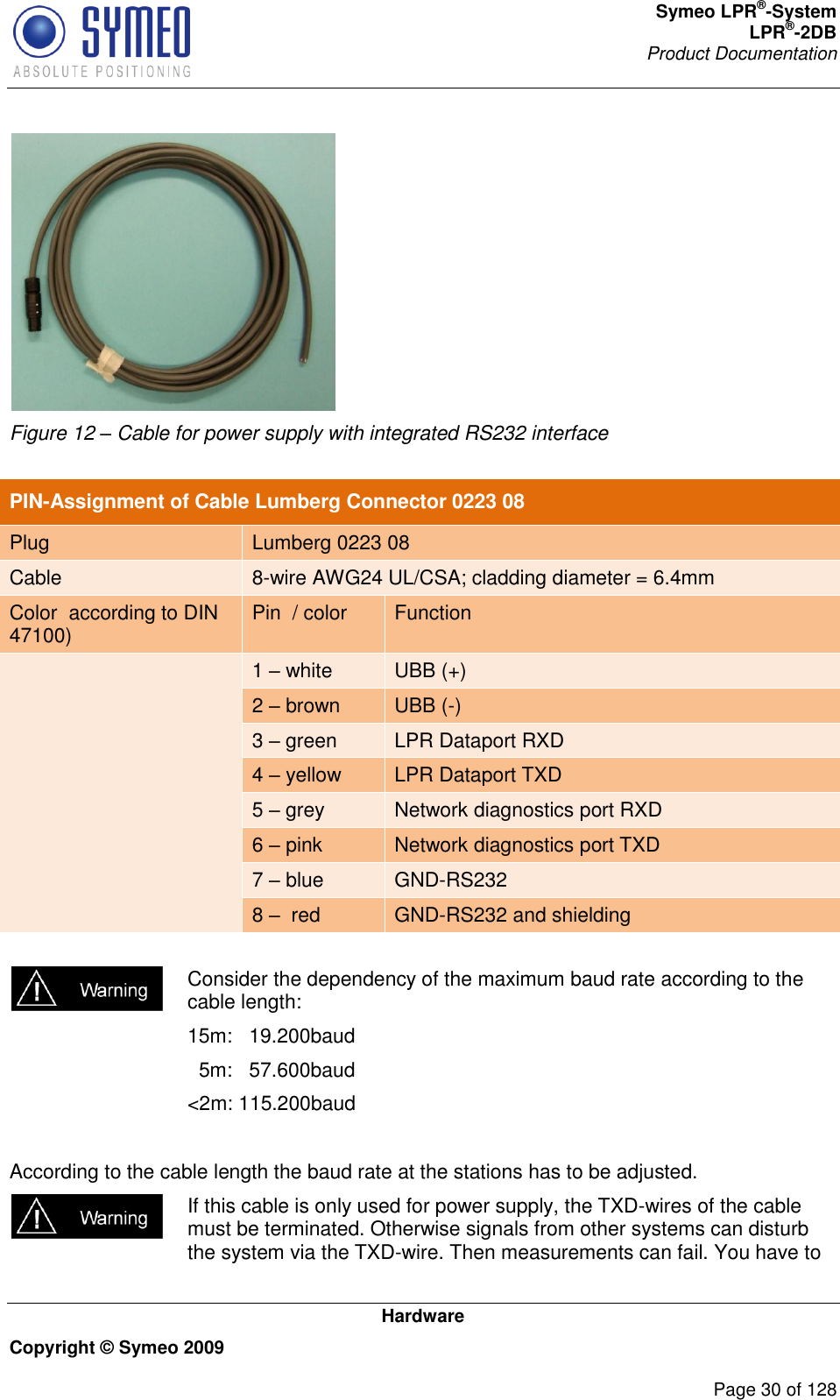 Symeo LPR®-System LPR®-2DB       Product Documentation   Hardware Copyright © Symeo 2009          Page 30 of 128  Figure 12 – Cable for power supply with integrated RS232 interface  PIN-Assignment of Cable Lumberg Connector 0223 08 Plug Lumberg 0223 08 Cable 8-wire AWG24 UL/CSA; cladding diameter = 6.4mm Color  according to DIN 47100) Pin  / color Function  1  white UBB (+) 2  brown UBB (-) 3  green LPR Dataport RXD 4  yellow LPR Dataport TXD 5  grey Network diagnostics port RXD 6  pink Network diagnostics port TXD 7  blue GND-RS232 8   red GND-RS232 and shielding    Consider the dependency of the maximum baud rate according to the cable length: 15m:   19.200baud   5m:   57.600baud &lt;2m: 115.200baud  According to the cable length the baud rate at the stations has to be adjusted.  If this cable is only used for power supply, the TXD-wires of the cable must be terminated. Otherwise signals from other systems can disturb the system via the TXD-wire. Then measurements can fail. You have to 