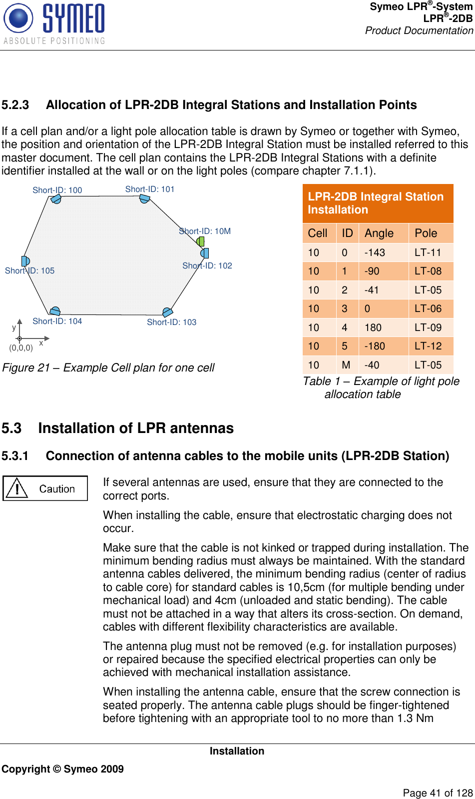 Symeo LPR®-System LPR®-2DB       Product Documentation   Installation Copyright © Symeo 2009          Page 41 of 128  5.2.3  Allocation of LPR-2DB Integral Stations and Installation Points If a cell plan and/or a light pole allocation table is drawn by Symeo or together with Symeo, the position and orientation of the LPR-2DB Integral Station must be installed referred to this master document. The cell plan contains the LPR-2DB Integral Stations with a definite identifier installed at the wall or on the light poles (compare chapter 7.1.1).  (0,0,0) xyShort-ID: 101Short-ID: 10MShort-ID: 102Short-ID: 103Short-ID: 104Short-ID: 100Short-ID: 105 Figure 21 – Example Cell plan for one cell  LPR-2DB Integral Station Installation Cell ID Angle Pole 10 0 -143 LT-11 10 1 -90 LT-08 10 2 -41 LT-05 10 3 0 LT-06 10 4 180 LT-09 10 5 -180 LT-12 10 M -40 LT-05 Table 1 – Example of light pole  allocation table 5.3  Installation of LPR antennas 5.3.1  Connection of antenna cables to the mobile units (LPR-2DB Station)  If several antennas are used, ensure that they are connected to the correct ports. When installing the cable, ensure that electrostatic charging does not occur. Make sure that the cable is not kinked or trapped during installation. The minimum bending radius must always be maintained. With the standard antenna cables delivered, the minimum bending radius (center of radius to cable core) for standard cables is 10,5cm (for multiple bending under mechanical load) and 4cm (unloaded and static bending). The cable must not be attached in a way that alters its cross-section. On demand, cables with different flexibility characteristics are available. The antenna plug must not be removed (e.g. for installation purposes) or repaired because the specified electrical properties can only be achieved with mechanical installation assistance.  When installing the antenna cable, ensure that the screw connection is seated properly. The antenna cable plugs should be finger-tightened before tightening with an appropriate tool to no more than 1.3 Nm 