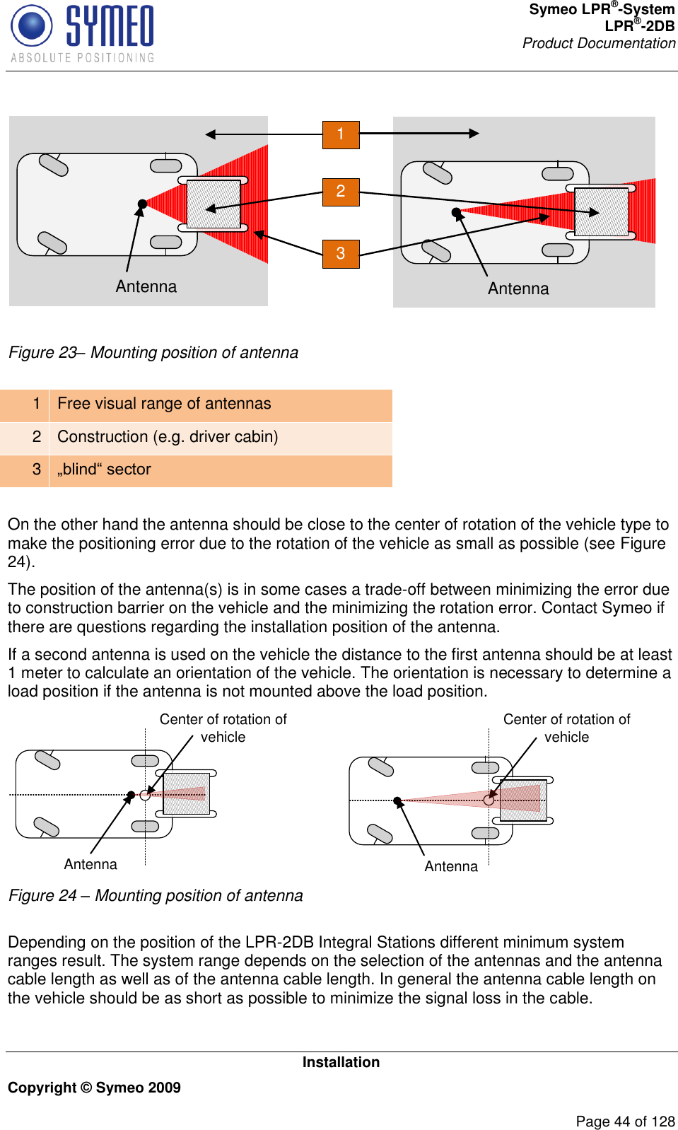 Symeo LPR®-System LPR®-2DB       Product Documentation   Installation Copyright © Symeo 2009          Page 44 of 128     132Antenna Antenna Figure 23– Mounting position of antenna  1 Free visual range of antennas  2 Construction (e.g. driver cabin) 3   On the other hand the antenna should be close to the center of rotation of the vehicle type to make the positioning error due to the rotation of the vehicle as small as possible (see Figure 24).  The position of the antenna(s) is in some cases a trade-off between minimizing the error due to construction barrier on the vehicle and the minimizing the rotation error. Contact Symeo if there are questions regarding the installation position of the antenna.  If a second antenna is used on the vehicle the distance to the first antenna should be at least 1 meter to calculate an orientation of the vehicle. The orientation is necessary to determine a load position if the antenna is not mounted above the load position.      Antenna AntennaCenter of rotation of vehicle Center of rotation of vehicle Figure 24 – Mounting position of antenna  Depending on the position of the LPR-2DB Integral Stations different minimum system ranges result. The system range depends on the selection of the antennas and the antenna cable length as well as of the antenna cable length. In general the antenna cable length on the vehicle should be as short as possible to minimize the signal loss in the cable.  