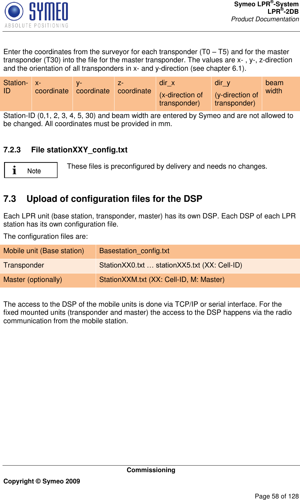 Symeo LPR®-System LPR®-2DB       Product Documentation   Commissioning Copyright © Symeo 2009          Page 58 of 128 Enter the coordinates from the surveyor for each transponder (T0  T5) and for the master transponder (T30) into the file for the master transponder. The values are x- , y-, z-direction and the orientation of all transponders in x- and y-direction (see chapter 6.1).  Station-ID x-coordinate y-coordinate z-coordinate dir_x (x-direction of transponder) dir_y (y-direction of transponder) beam width Station-ID (0,1, 2, 3, 4, 5, 30) and beam width are entered by Symeo and are not allowed to be changed. All coordinates must be provided in mm.  7.2.3  File stationXXY_config.txt  These files is preconfigured by delivery and needs no changes. 7.3  Upload of configuration files for the DSP Each LPR unit (base station, transponder, master) has its own DSP. Each DSP of each LPR station has its own configuration file.  The configuration files are: Mobile unit (Base station) Basestation_config.txt Transponder .txt (XX: Cell-ID) Master (optionally) StationXXM.txt (XX: Cell-ID, M: Master)  The access to the DSP of the mobile units is done via TCP/IP or serial interface. For the fixed mounted units (transponder and master) the access to the DSP happens via the radio communication from the mobile station.  