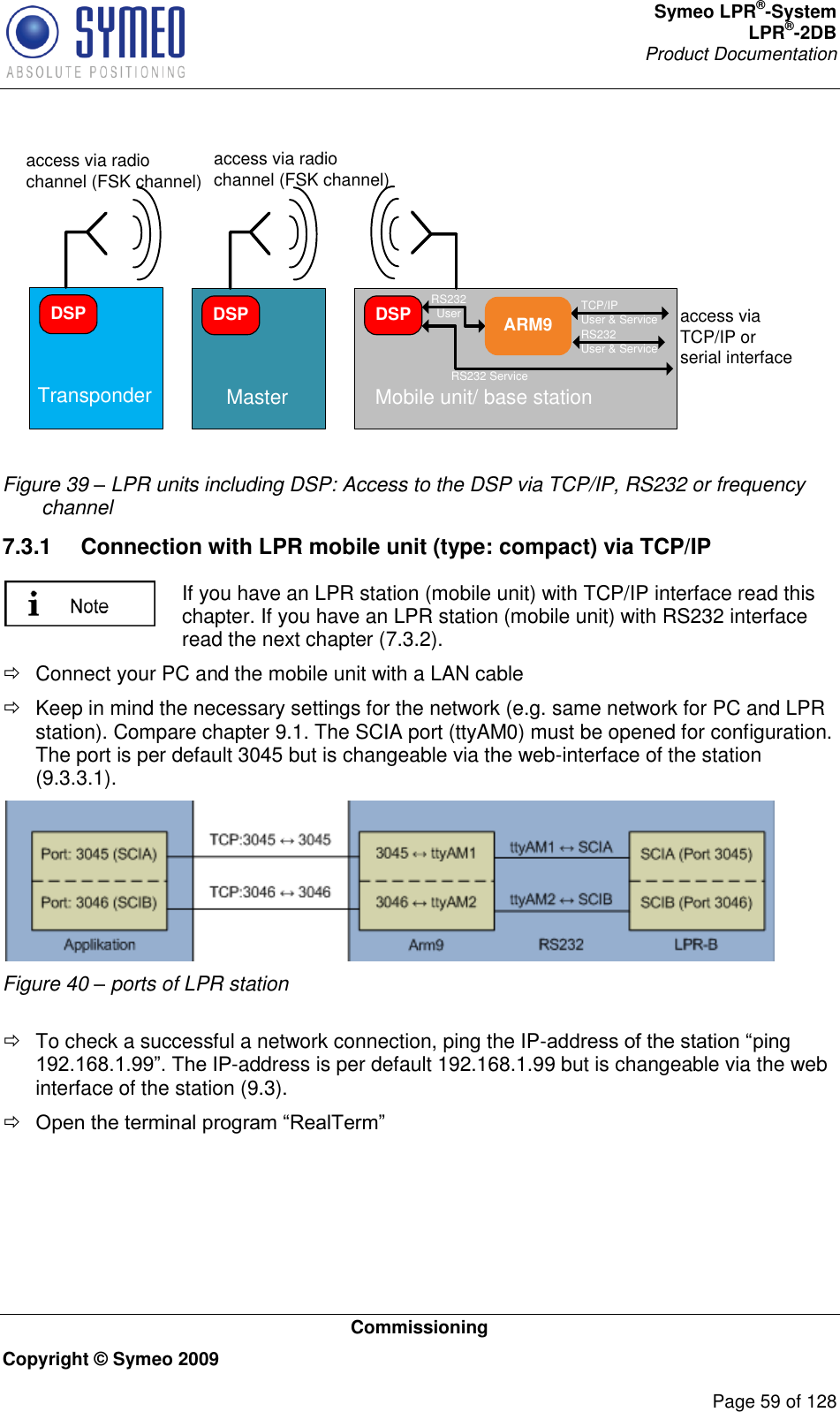 Symeo LPR®-System LPR®-2DB       Product Documentation   Commissioning Copyright © Symeo 2009          Page 59 of 128 DSPTransponderDSPMaster Mobile unit/ base stationARM9DSP RS232 UserRS232 ServiceTCP/IPUser &amp; ServiceRS232User &amp; Serviceaccess via radio channel (FSK channel)access via TCP/IP or serial interfaceaccess via radio channel (FSK channel) Figure 39 – LPR units including DSP: Access to the DSP via TCP/IP, RS232 or frequency channel 7.3.1  Connection with LPR mobile unit (type: compact) via TCP/IP  If you have an LPR station (mobile unit) with TCP/IP interface read this chapter. If you have an LPR station (mobile unit) with RS232 interface read the next chapter (7.3.2).   Connect your PC and the mobile unit with a LAN cable   Keep in mind the necessary settings for the network (e.g. same network for PC and LPR station). Compare chapter 9.1. The SCIA port (ttyAM0) must be opened for configuration.  The port is per default 3045 but is changeable via the web-interface of the station (9.3.3.1).  Figure 40 – ports of LPR station    To check a successful a network connection, ping the IP--address is per default 192.168.1.99 but is changeable via the web interface of the station (9.3).    