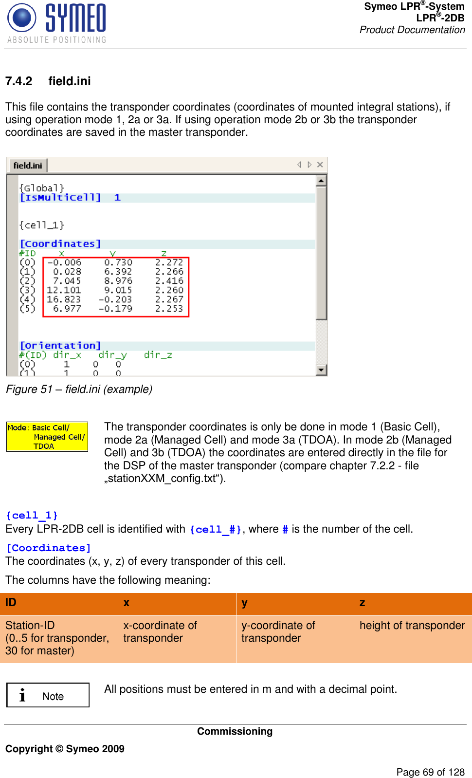 Symeo LPR®-System LPR®-2DB       Product Documentation   Commissioning Copyright © Symeo 2009          Page 69 of 128 7.4.2  field.ini This file contains the transponder coordinates (coordinates of mounted integral stations), if using operation mode 1, 2a or 3a. If using operation mode 2b or 3b the transponder coordinates are saved in the master transponder.   Figure 51 – field.ini (example)   The transponder coordinates is only be done in mode 1 (Basic Cell), mode 2a (Managed Cell) and mode 3a (TDOA). In mode 2b (Managed Cell) and 3b (TDOA) the coordinates are entered directly in the file for the DSP of the master transponder (compare chapter 7.2.2 - file    {cell_1} Every LPR-2DB cell is identified with {cell_#}, where # is the number of the cell. [Coordinates] The coordinates (x, y, z) of every transponder of this cell. The columns have the following meaning:  ID x y z Station-ID (0..5 for transponder, 30 for master) x-coordinate of transponder y-coordinate of transponder height of transponder   All positions must be entered in m and with a decimal point. 