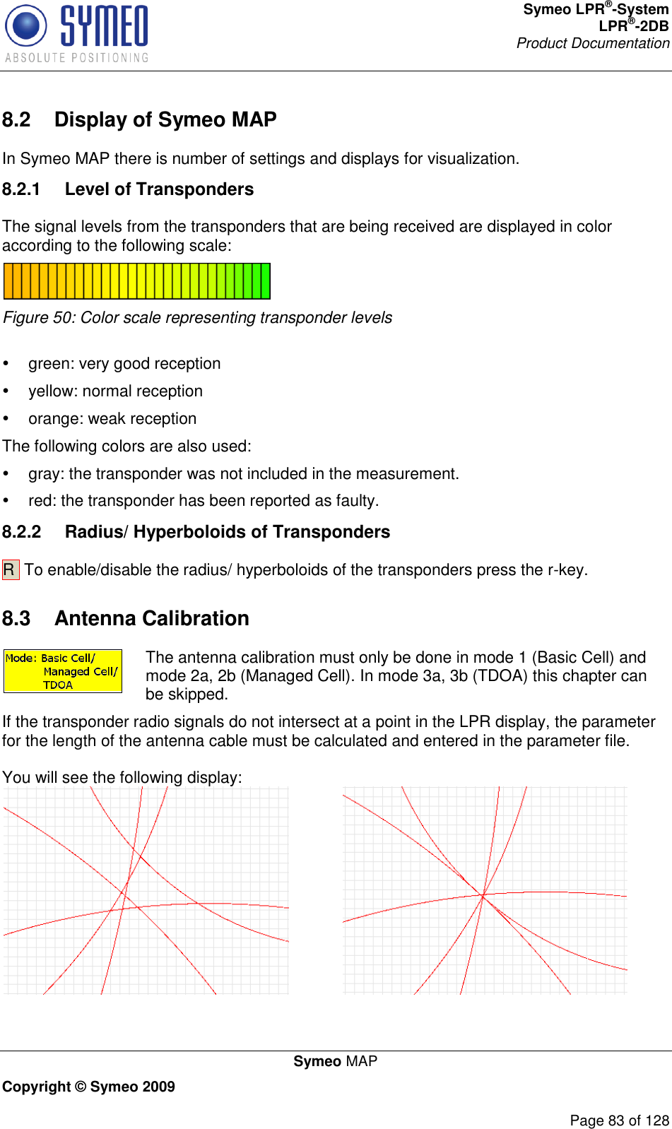 Symeo LPR®-System LPR®-2DB       Product Documentation   Symeo MAP Copyright © Symeo 2009          Page 83 of 128 8.2  Display of Symeo MAP In Symeo MAP there is number of settings and displays for visualization.  8.2.1  Level of Transponders The signal levels from the transponders that are being received are displayed in color according to the following scale:  Figure 50: Color scale representing transponder levels    green: very good reception   yellow: normal reception    orange: weak reception The following colors are also used:    gray: the transponder was not included in the measurement.   red: the transponder has been reported as faulty. 8.2.2  Radius/ Hyperboloids of Transponders R  To enable/disable the radius/ hyperboloids of the transponders press the r-key. 8.3  Antenna Calibration  The antenna calibration must only be done in mode 1 (Basic Cell) and mode 2a, 2b (Managed Cell). In mode 3a, 3b (TDOA) this chapter can be skipped. If the transponder radio signals do not intersect at a point in the LPR display, the parameter for the length of the antenna cable must be calculated and entered in the parameter file.  You will see the following display:    