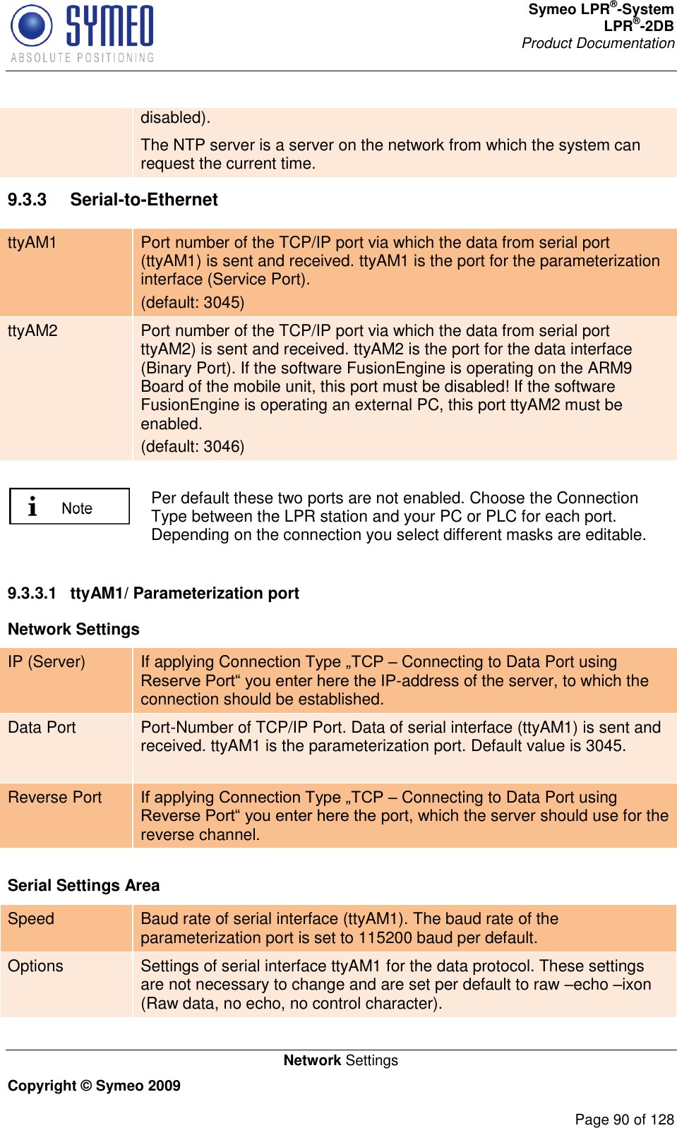 Symeo LPR®-System LPR®-2DB       Product Documentation   Network Settings Copyright © Symeo 2009          Page 90 of 128 disabled). The NTP server is a server on the network from which the system can request the current time.  9.3.3  Serial-to-Ethernet ttyAM1 Port number of the TCP/IP port via which the data from serial port (ttyAM1) is sent and received. ttyAM1 is the port for the parameterization interface (Service Port).  (default: 3045) ttyAM2 Port number of the TCP/IP port via which the data from serial port ttyAM2) is sent and received. ttyAM2 is the port for the data interface (Binary Port). If the software FusionEngine is operating on the ARM9 Board of the mobile unit, this port must be disabled! If the software FusionEngine is operating an external PC, this port ttyAM2 must be enabled. (default: 3046)   Per default these two ports are not enabled. Choose the Connection Type between the LPR station and your PC or PLC for each port. Depending on the connection you select different masks are editable.  9.3.3.1  ttyAM1/ Parameterization port Network Settings IP (Server) If applying Conne Connecting to Data Port using -address of the server, to which the connection should be established. Data Port Port-Number of TCP/IP Port. Data of serial interface (ttyAM1) is sent and received. ttyAM1 is the parameterization port. Default value is 3045.  Reverse Port  Connecting to Data Port using  port, which the server should use for the reverse channel.        Serial Settings Area Speed Baud rate of serial interface (ttyAM1). The baud rate of the parameterization port is set to 115200 baud per default.  Options Settings of serial interface ttyAM1 for the data protocol. These settings are not necessary to change and are set per default to raw echo ixon (Raw data, no echo, no control character).  