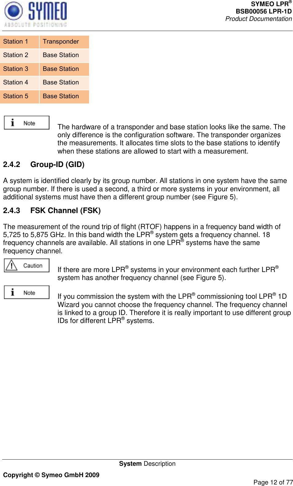 SYMEO LPR® BSB00056 LPR-1D  Product Documentation   System Description Copyright © Symeo GmbH 2009     Page 12 of 77 Station 1 Transponder Station 2 Base Station Station 3 Base Station Station 4 Base Station Station 5 Base Station     The hardware of a transponder and base station looks like the same. The only difference is the configuration software. The transponder organizes the measurements. It allocates time slots to the base stations to identify when these stations are allowed to start with a measurement.  2.4.2  Group-ID (GID) A system is identified clearly by its group number. All stations in one system have the same group number. If there is used a second, a third or more systems in your environment, all additional systems must have then a different group number (see Figure 5).   2.4.3  FSK Channel (FSK) The measurement of the round trip of flight (RTOF) happens in a frequency band width of 5,725 to 5,875 GHz. In this band width the LPR® system gets a frequency channel. 18 frequency channels are available. All stations in one LPR® systems have the same frequency channel.     If there are more LPR® systems in your environment each further LPR® system has another frequency channel (see Figure 5).    If you commission the system with the LPR® commissioning tool LPR® 1D Wizard you cannot choose the frequency channel. The frequency channel is linked to a group ID. Therefore it is really important to use different group IDs for different LPR® systems. 