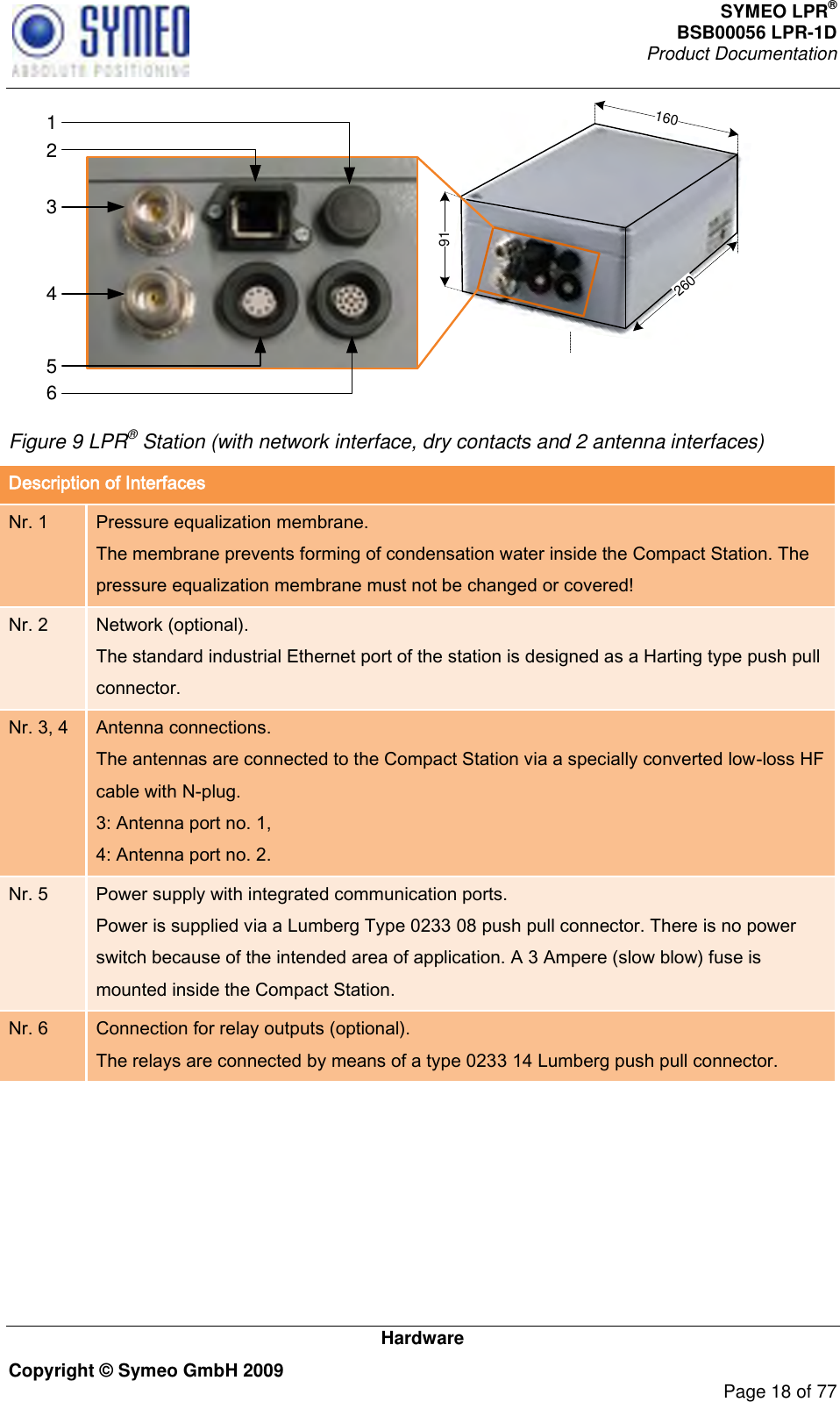 SYMEO LPR® BSB00056 LPR-1D  Product Documentation   Hardware Copyright © Symeo GmbH 2009     Page 18 of 77 19126016023456 Figure 9 LPR® Station (with network interface, dry contacts and 2 antenna interfaces) Description of Interfaces Nr. 1 Pressure equalization membrane. The membrane prevents forming of condensation water inside the Compact Station. The pressure equalization membrane must not be changed or covered! Nr. 2 Network (optional). The standard industrial Ethernet port of the station is designed as a Harting type push pull connector. Nr. 3, 4 Antenna connections. The antennas are connected to the Compact Station via a specially converted low-loss HF cable with N-plug.  3: Antenna port no. 1,  4: Antenna port no. 2. Nr. 5 Power supply with integrated communication ports.  Power is supplied via a Lumberg Type 0233 08 push pull connector. There is no power switch because of the intended area of application. A 3 Ampere (slow blow) fuse is mounted inside the Compact Station. Nr. 6 Connection for relay outputs (optional). The relays are connected by means of a type 0233 14 Lumberg push pull connector.   