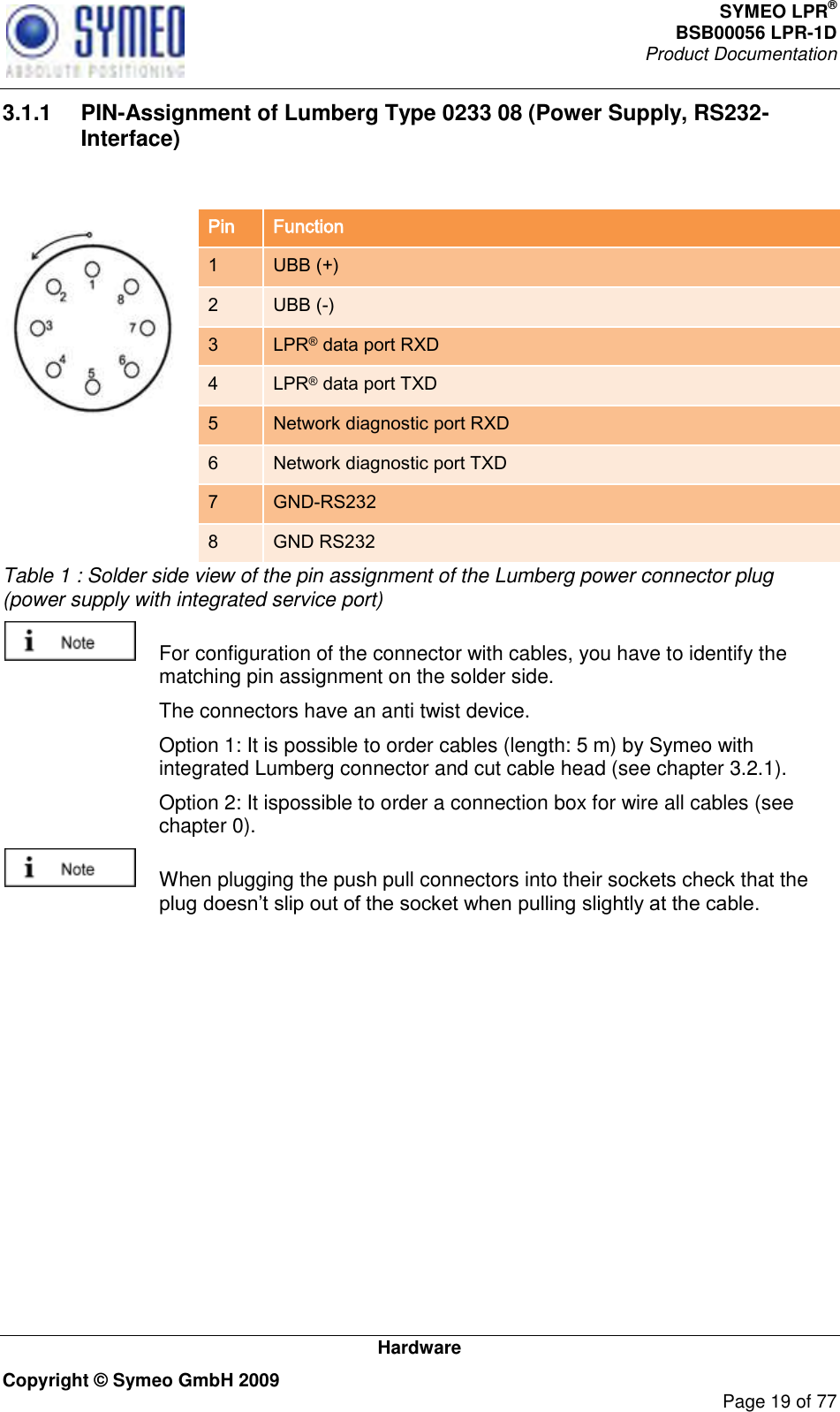 SYMEO LPR® BSB00056 LPR-1D  Product Documentation   Hardware Copyright © Symeo GmbH 2009     Page 19 of 77 3.1.1  PIN-Assignment of Lumberg Type 0233 08 (Power Supply, RS232-Interface)  Overview Pin Function 1   UBB (+) 2 UBB (-) 3 LPR® data port RXD 4 LPR® data port TXD 5 Network diagnostic port RXD 6 Network diagnostic port TXD 7 GND-RS232 8 GND RS232 Table 1 : Solder side view of the pin assignment of the Lumberg power connector plug (power supply with integrated service port)   For configuration of the connector with cables, you have to identify the matching pin assignment on the solder side.   The connectors have an anti twist device.   Option 1: It is possible to order cables (length: 5 m) by Symeo with integrated Lumberg connector and cut cable head (see chapter 3.2.1).   Option 2: It ispossible to order a connection box for wire all cables (see chapter 0).    When plugging the push pull connectors into their sockets check that the    