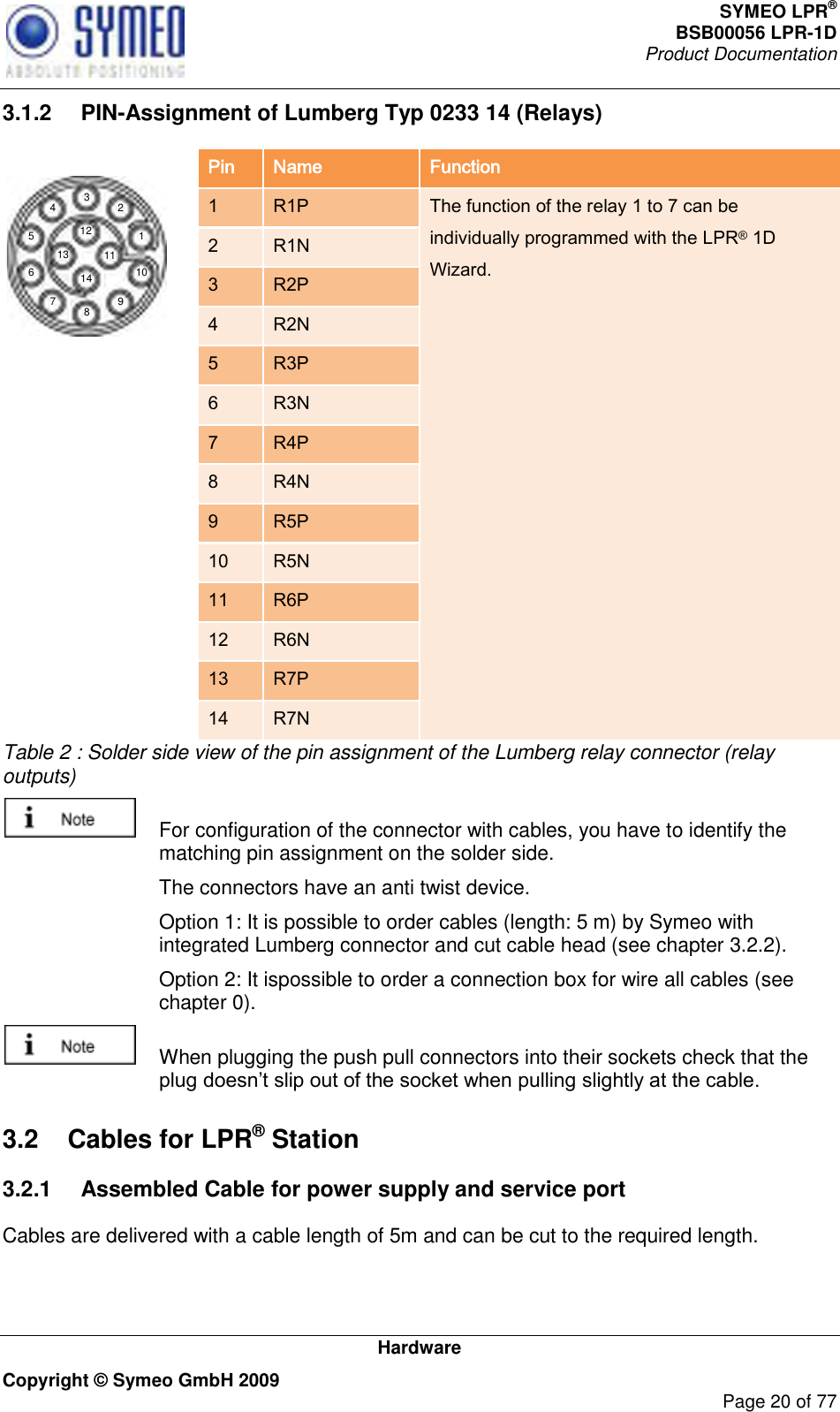 SYMEO LPR® BSB00056 LPR-1D  Product Documentation   Hardware Copyright © Symeo GmbH 2009     Page 20 of 77 3.1.2  PIN-Assignment of Lumberg Typ 0233 14 (Relays) Overview124 3567891014131211 Pin Name Function 1   R1P   The function of the relay 1 to 7 can be individually programmed with the LPR® 1D Wizard. 2 R1N 3 R2P 4 R2N 5 R3P 6 R3N 7 R4P 8 R4N  9 R5P  10 R5N  11 R6P  12 R6N  13 R7P  14 R7N Table 2 : Solder side view of the pin assignment of the Lumberg relay connector (relay outputs)   For configuration of the connector with cables, you have to identify the matching pin assignment on the solder side.   The connectors have an anti twist device.   Option 1: It is possible to order cables (length: 5 m) by Symeo with integrated Lumberg connector and cut cable head (see chapter 3.2.2).   Option 2: It ispossible to order a connection box for wire all cables (see chapter 0).    When plugging the push pull connectors into their sockets check that the  3.2  Cables for LPR® Station 3.2.1  Assembled Cable for power supply and service port Cables are delivered with a cable length of 5m and can be cut to the required length.  